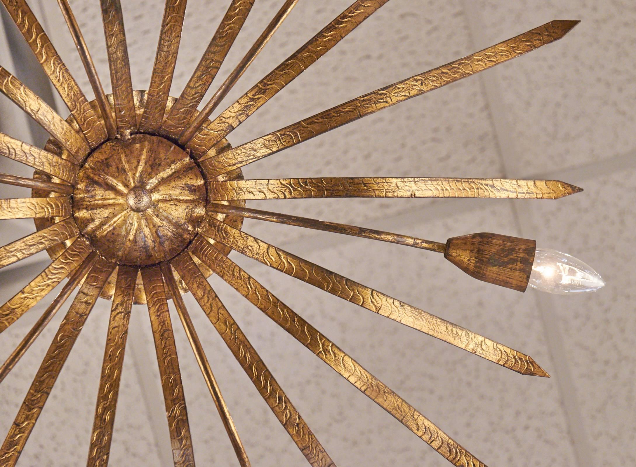 Spanish Vintage Gilt Tole Sunburst Ceiling Fixture