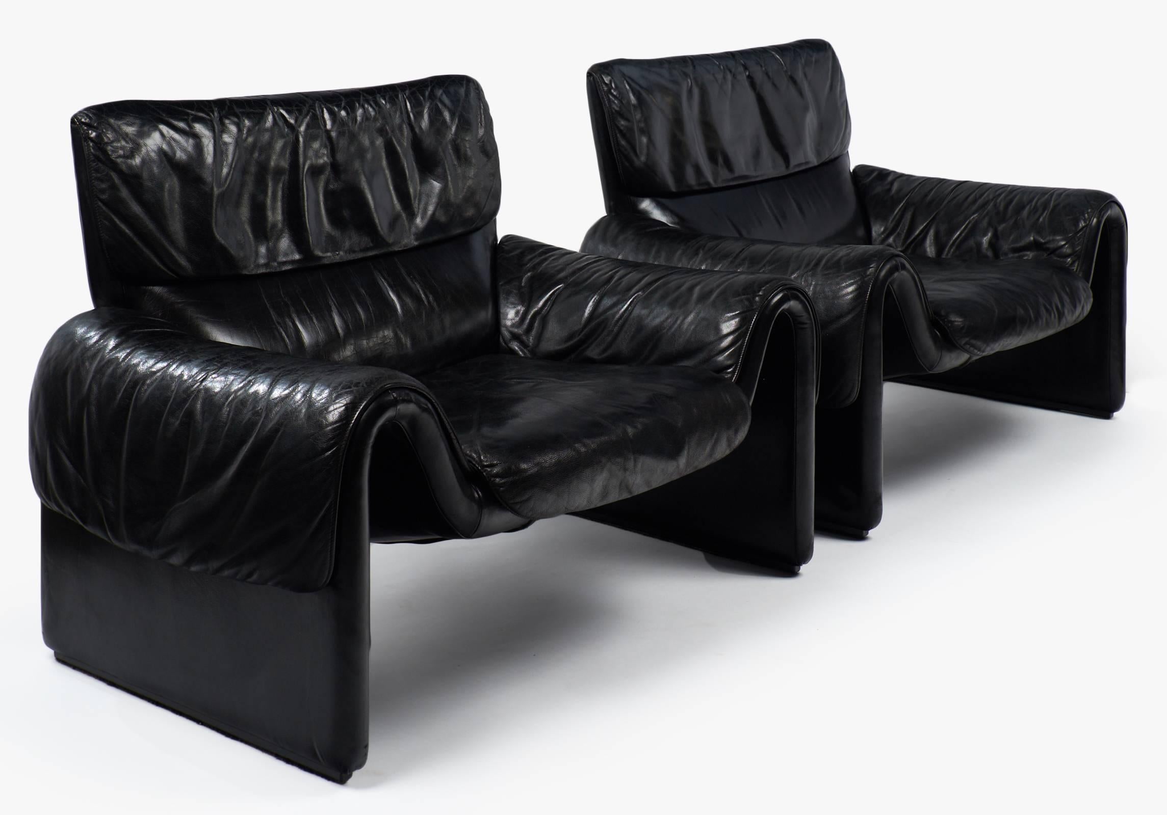 Swiss Vintage De Sede Pair of Black Leather Armchairs