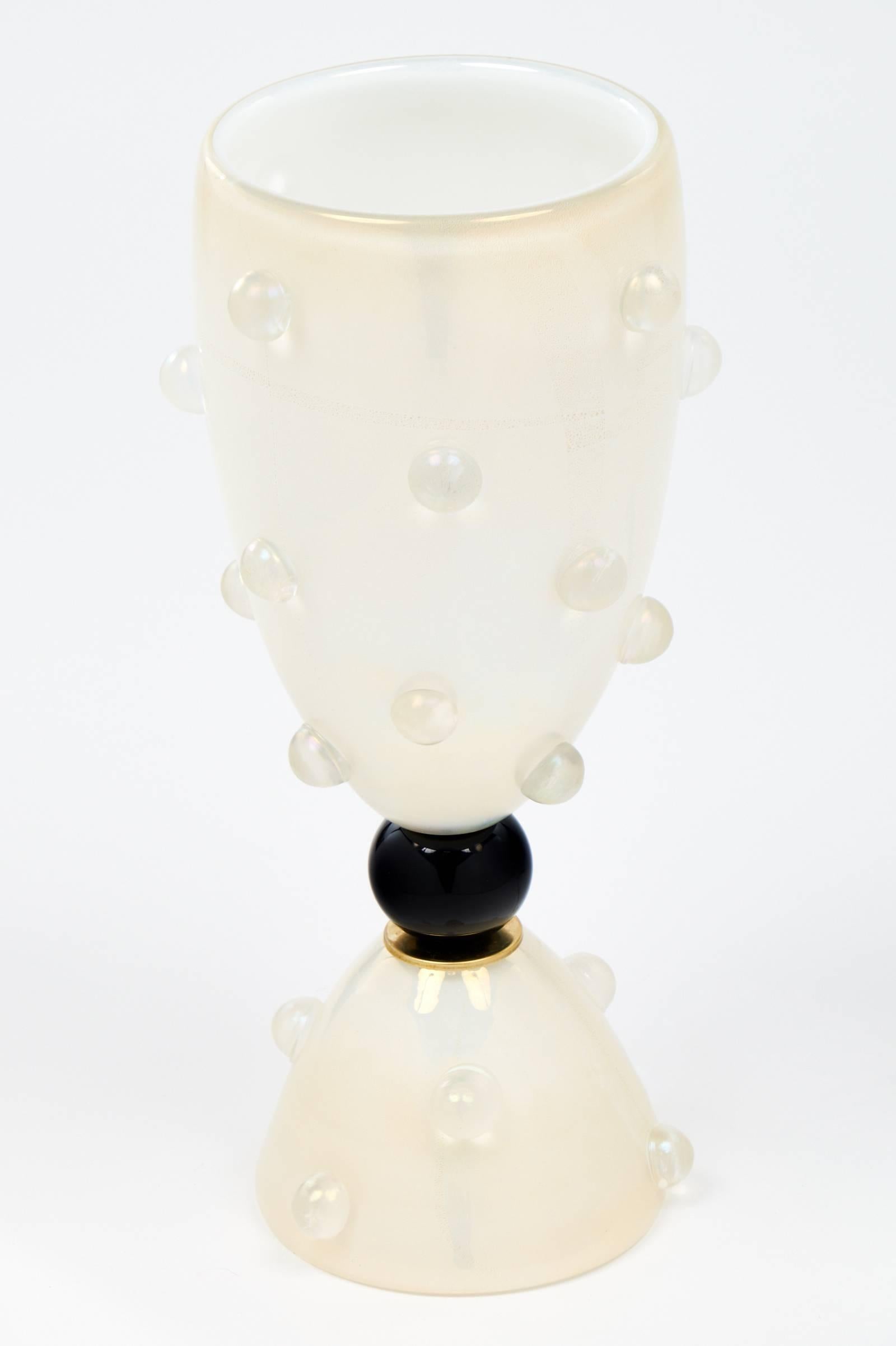 Italian Murano Opalina Glass Pair of Urn Lamps with Gold Flecks