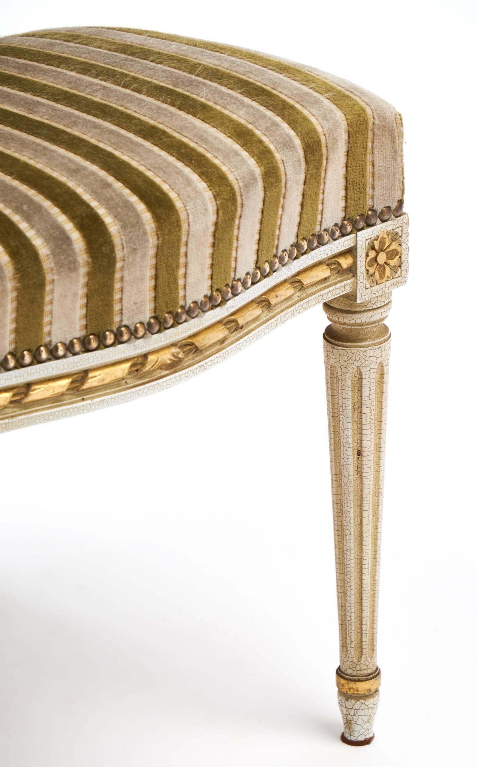 Early 20th Century Gold Leaf Striped Velvet Set of Four Antique Louis XVI Dining Chairs