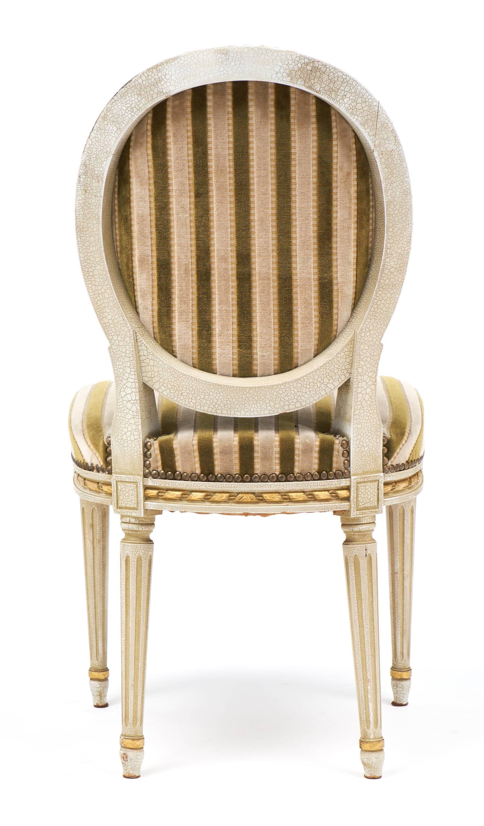 French Gold Leaf Striped Velvet Set of Four Antique Louis XVI Dining Chairs