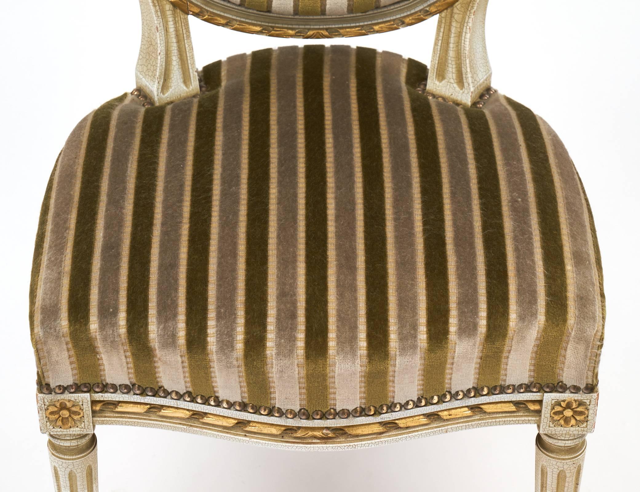 Gold Leaf Striped Velvet Set of Four Antique Louis XVI Dining Chairs In Good Condition In Austin, TX