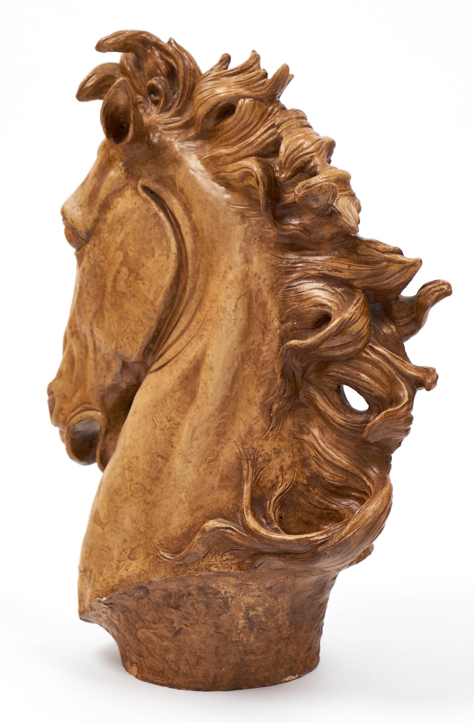 Important French Art Deco Terracotta Horse Head Sculpture In Excellent Condition In Austin, TX