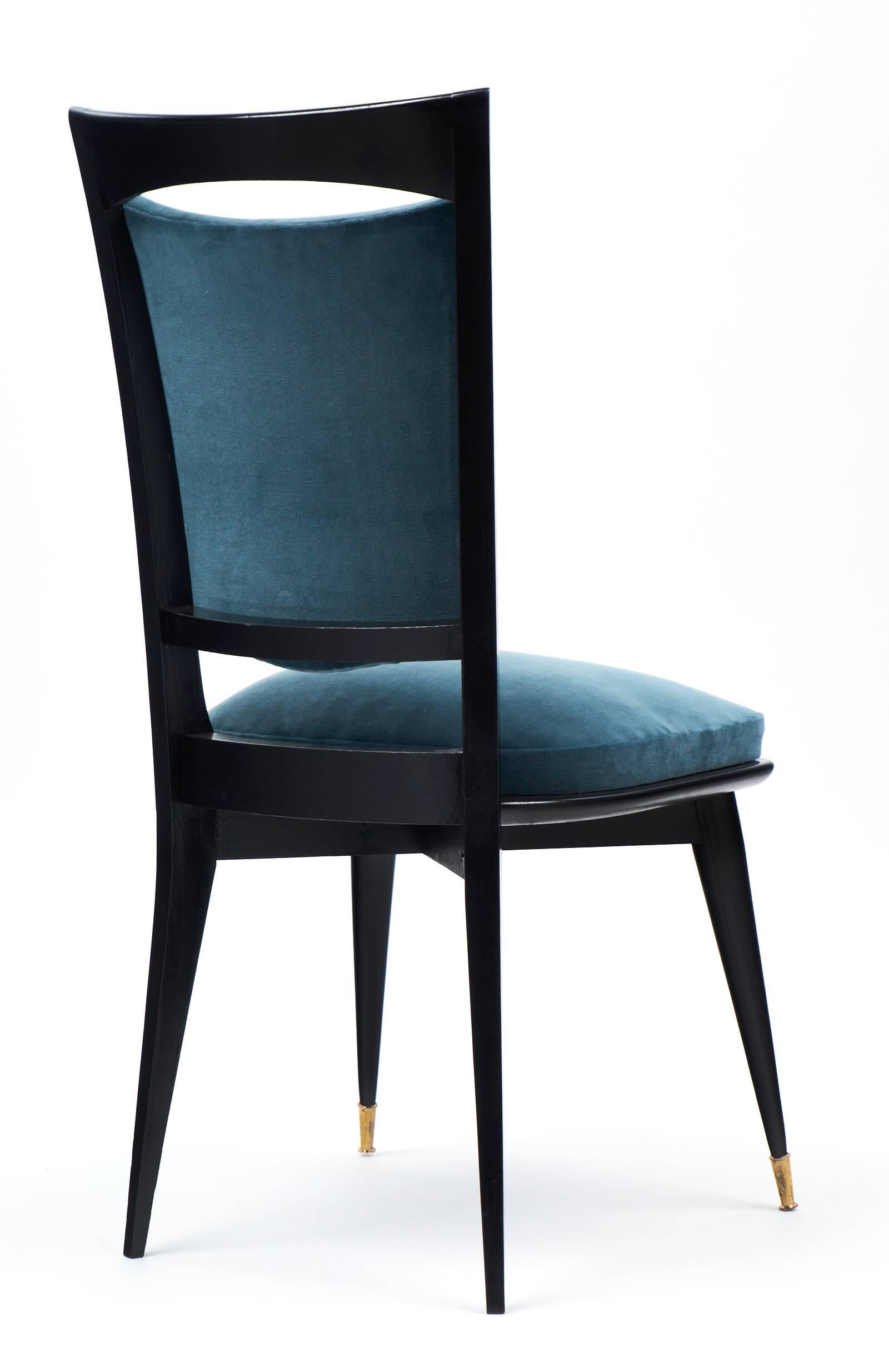 French Mid-Century Modern Period Set of Six Teal Velvet Dining Chairs