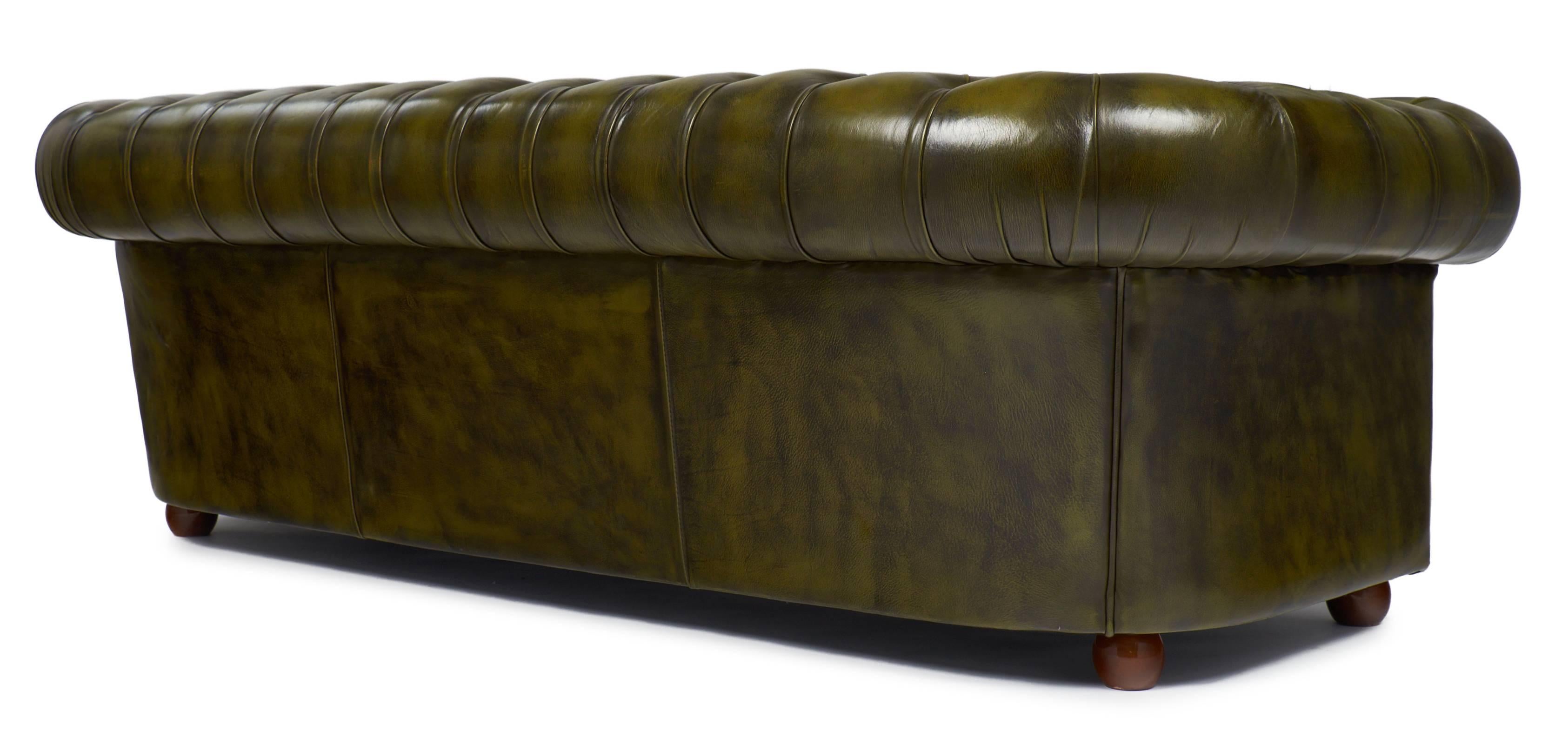 English Vintage Green Leather Chesterfield Sofa