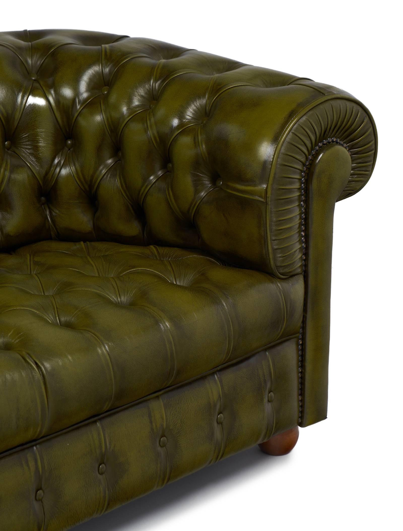Brass Vintage Green Leather Chesterfield Sofa