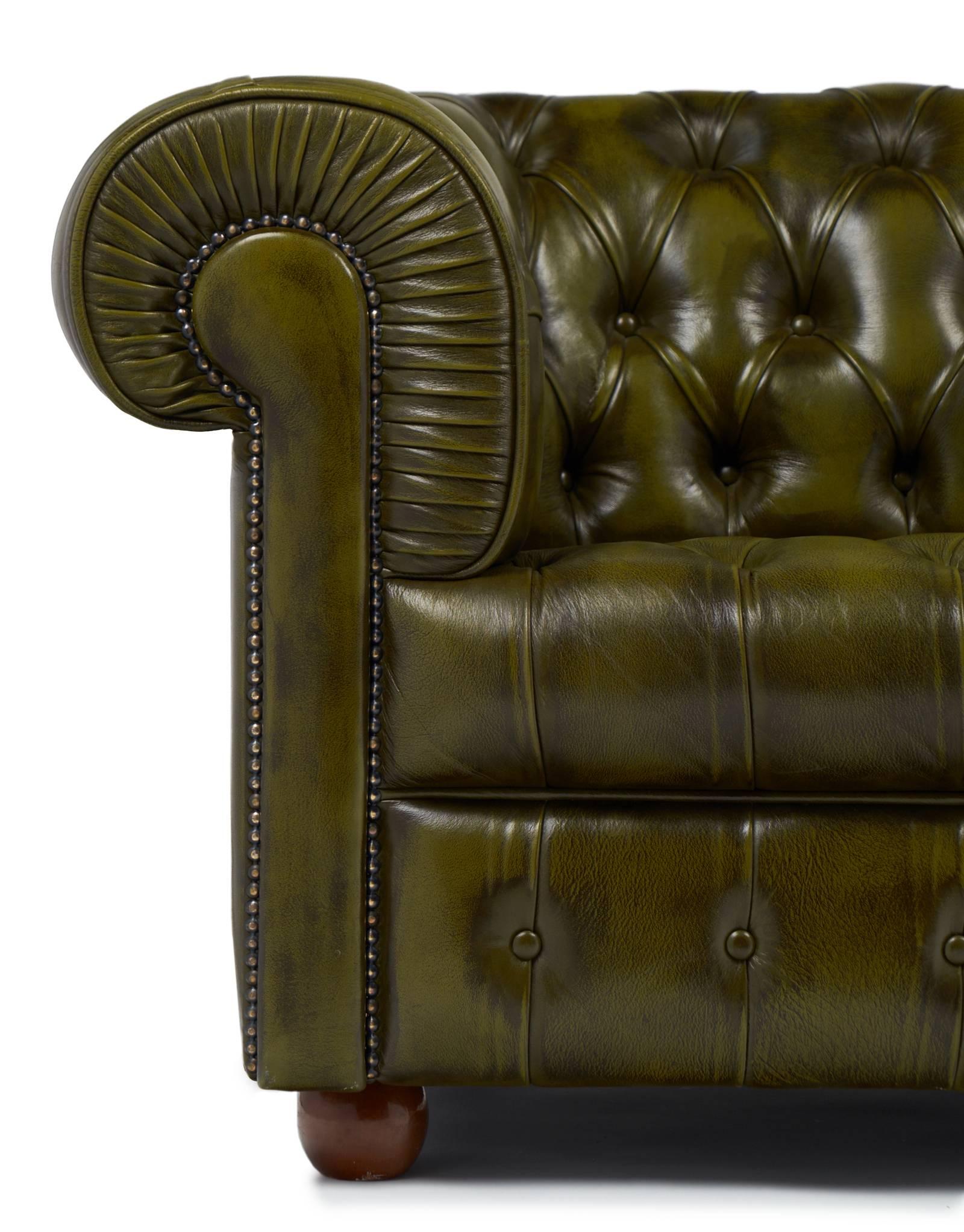 20th Century Vintage Green Leather Chesterfield Sofa
