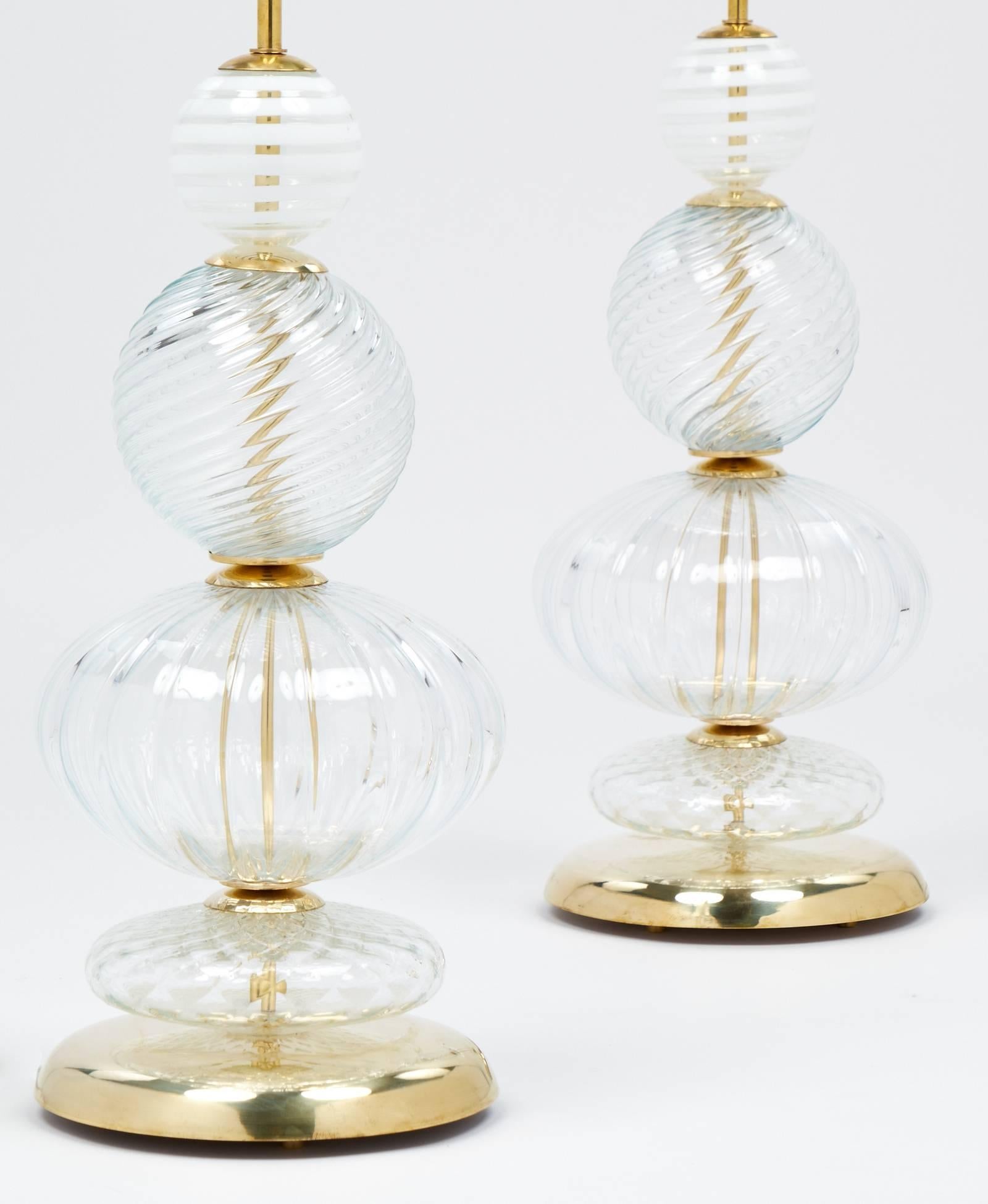 Important Pair of Murano Glass and Brass Lamps by Venini 4