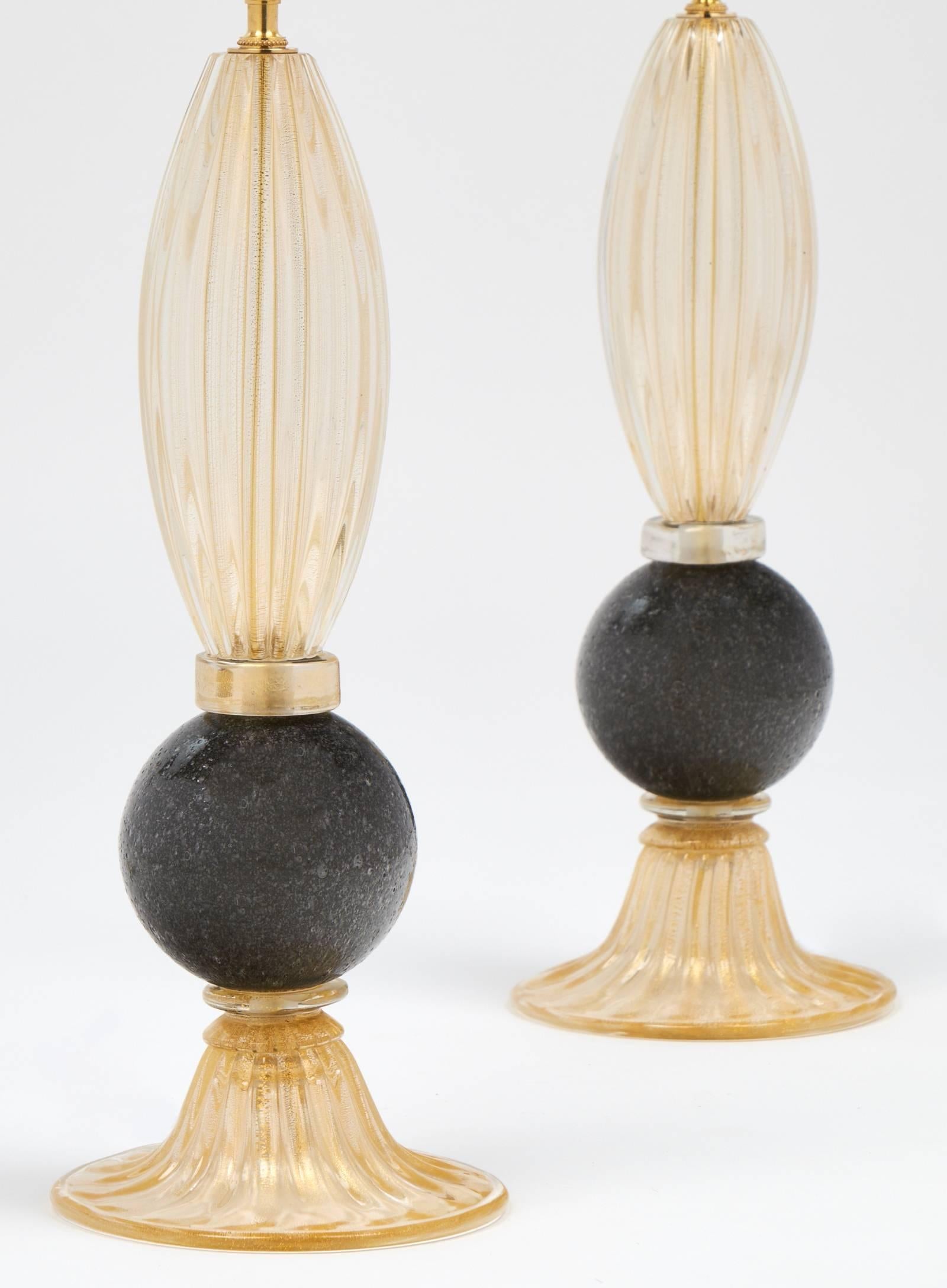 Italian Pair of Gold and Gray Murano Glass Table Lamps
