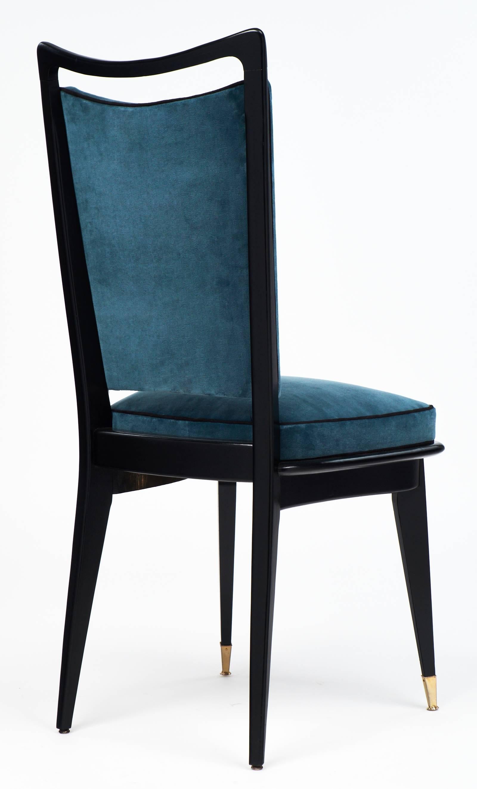 Velvet Set of Six French Mid-Century Modern Dining Room Chairs