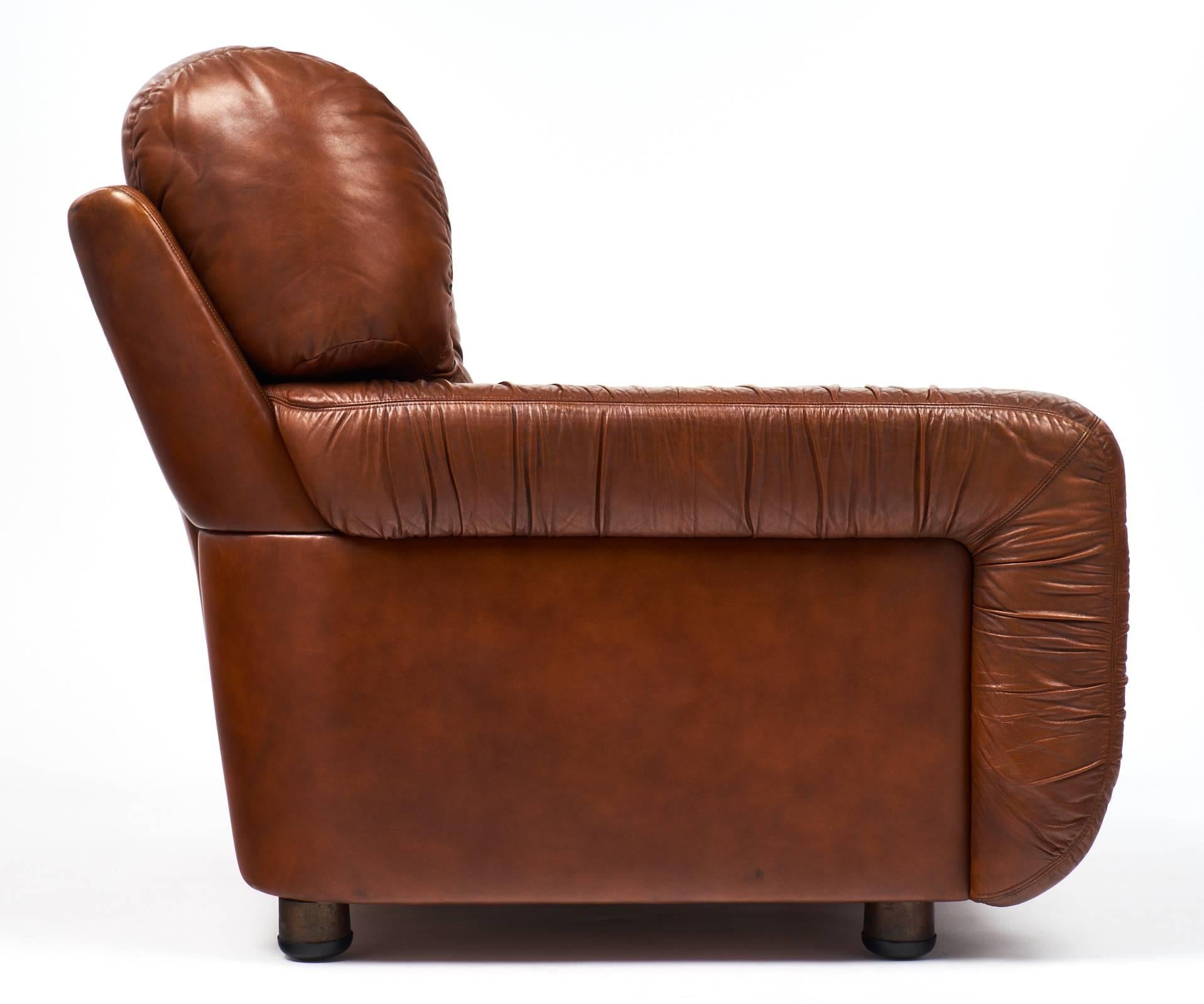 Mid-Century Modern French Vintage Overstuffed Leather Club Chairs