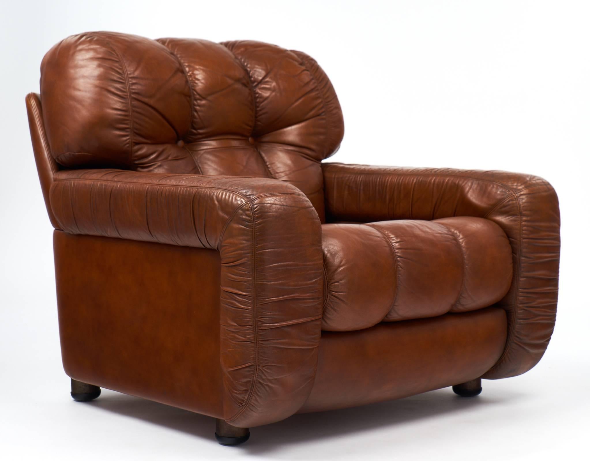 French Vintage Overstuffed Leather Club Chairs At 1stdibs