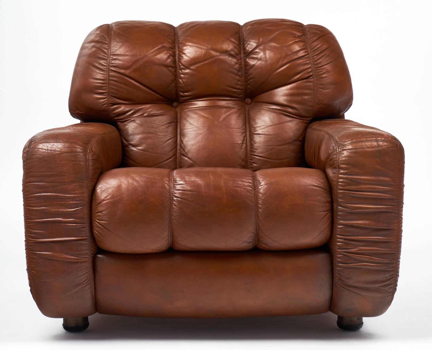 French Vintage Overstuffed Leather Club Chairs For Sale at 1stdibs