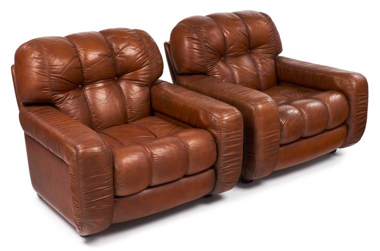 French Vintage Overstuffed Leather Club Chairs at 1stDibs