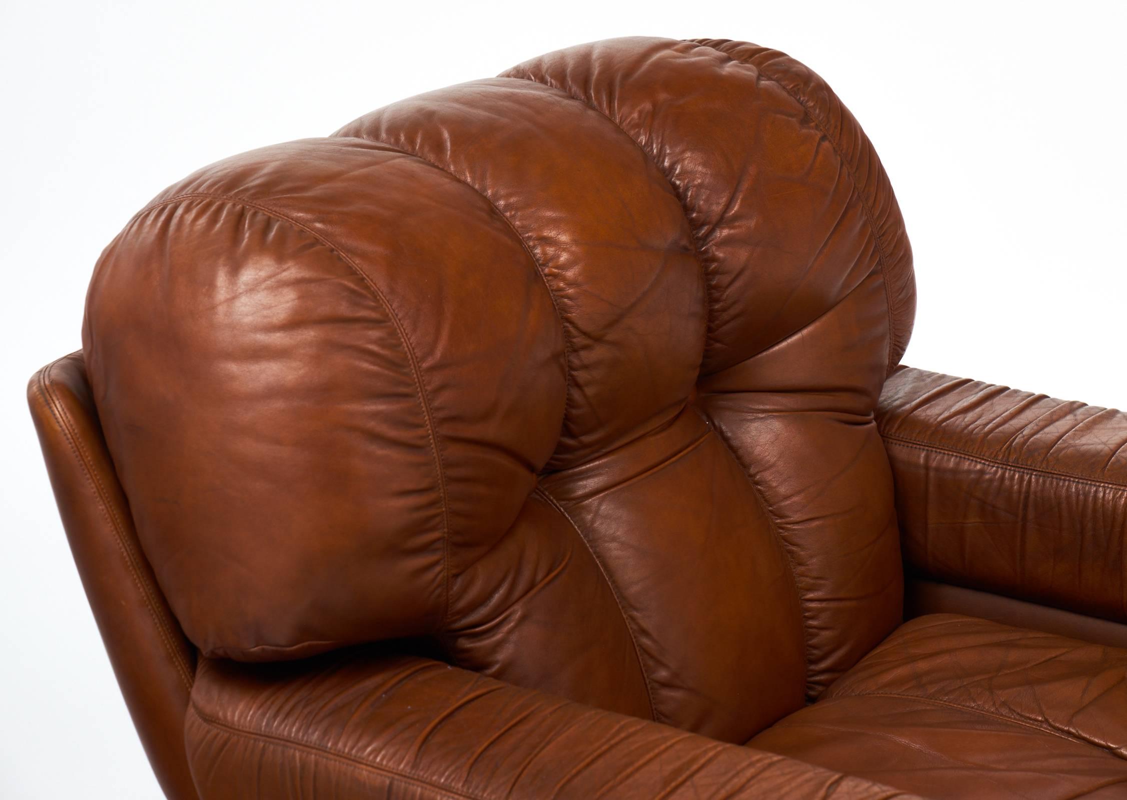 Late 20th Century French Vintage Overstuffed Leather Club Chairs