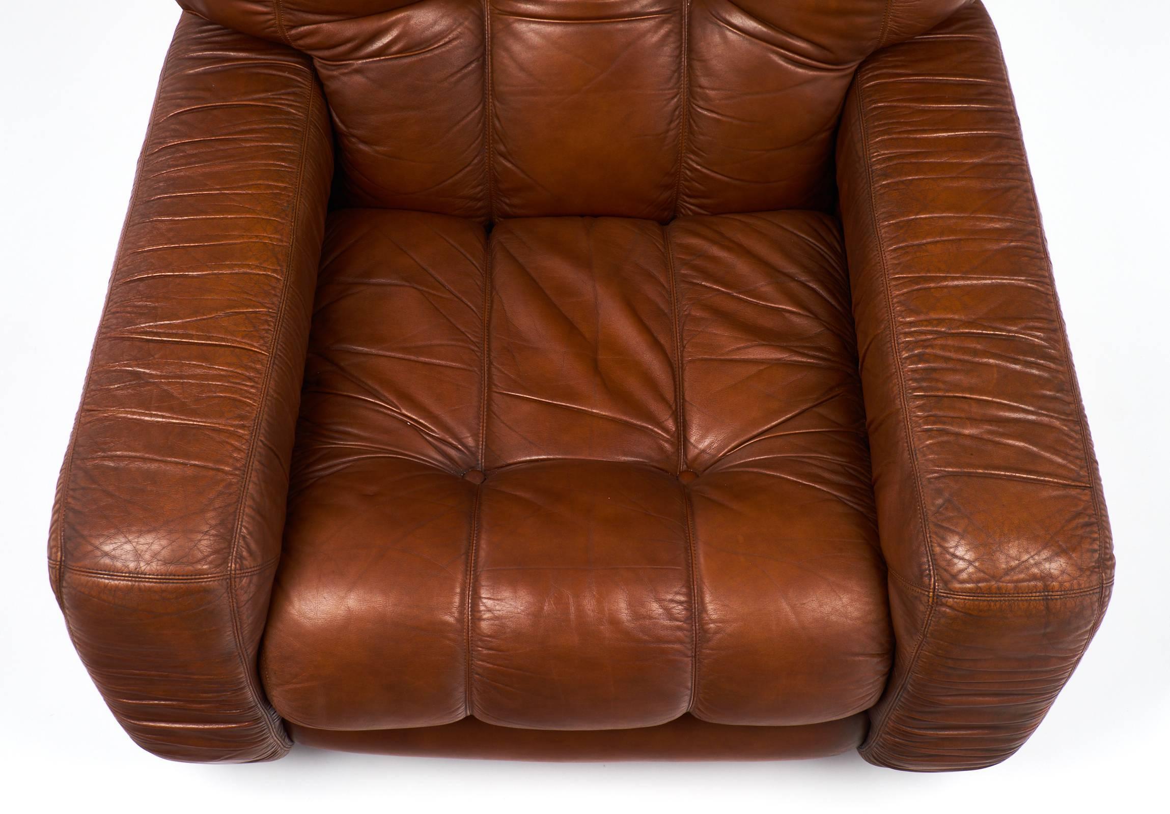 French Vintage Overstuffed Leather Club Chairs 1