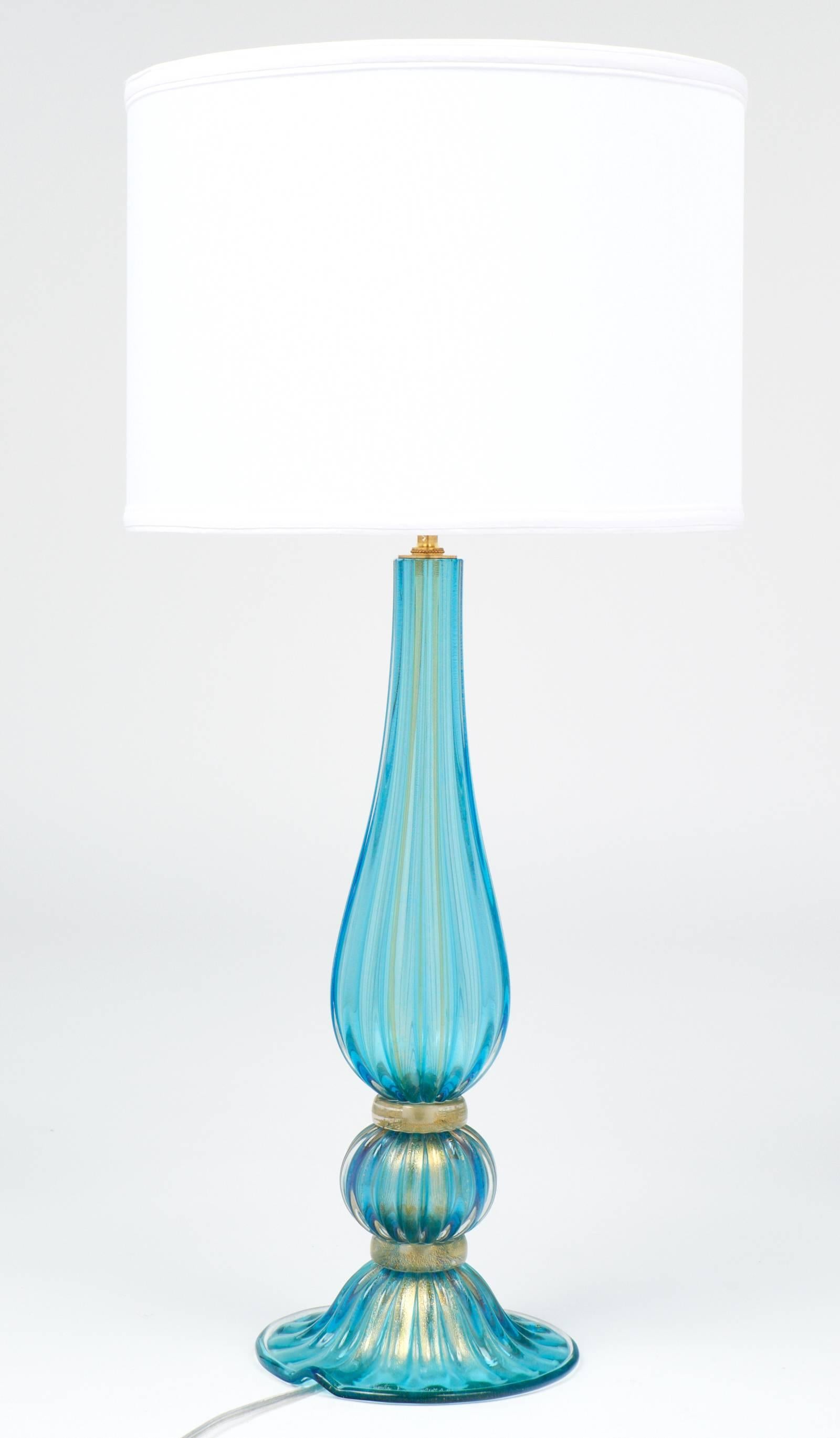 Pair of Gold-Flecked Turquoise Murano Glass Lamps 3