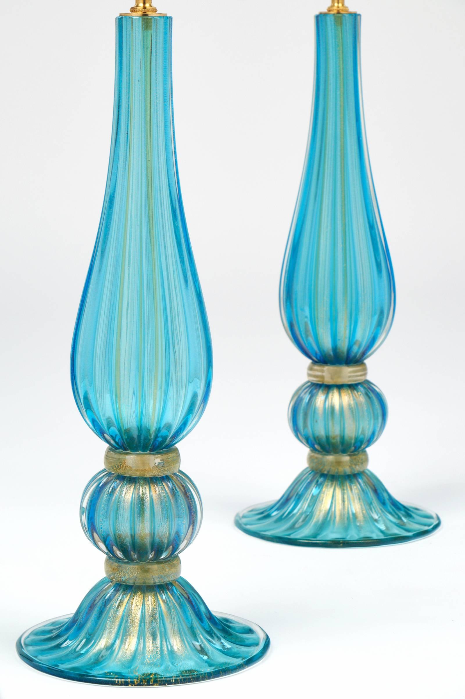 Pair of Gold-Flecked Turquoise Murano Glass Lamps In Excellent Condition In Austin, TX