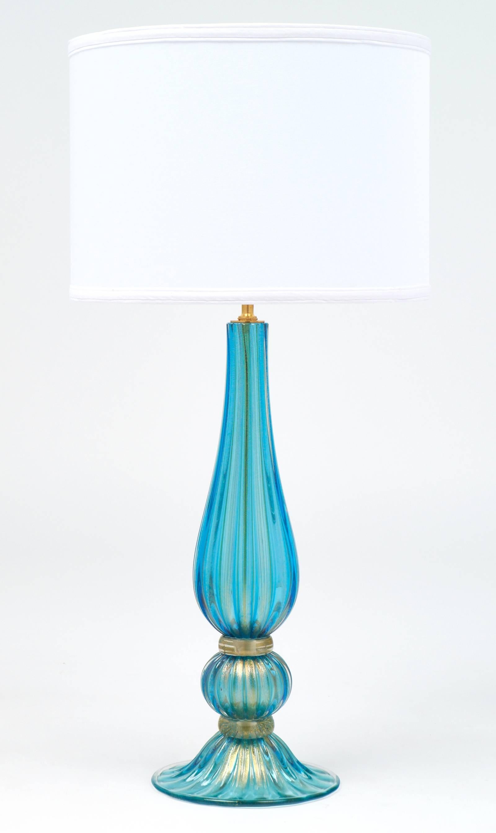 Mid-Century Modern Pair of Gold-Flecked Turquoise Murano Glass Lamps