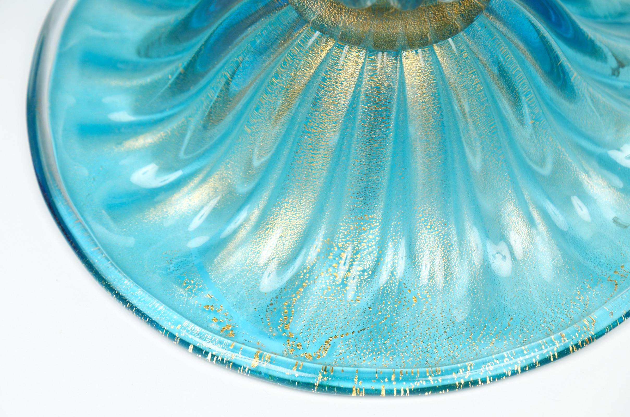Pair of Gold-Flecked Turquoise Murano Glass Lamps 2
