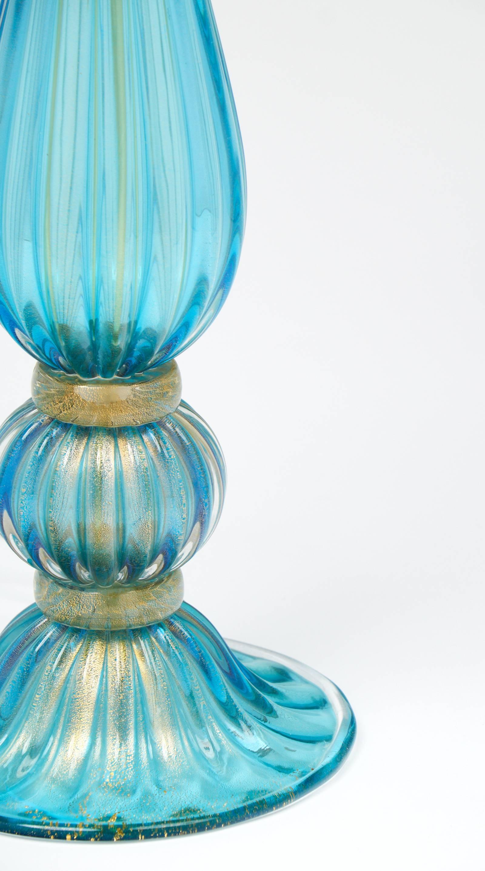 Contemporary Pair of Gold-Flecked Turquoise Murano Glass Lamps