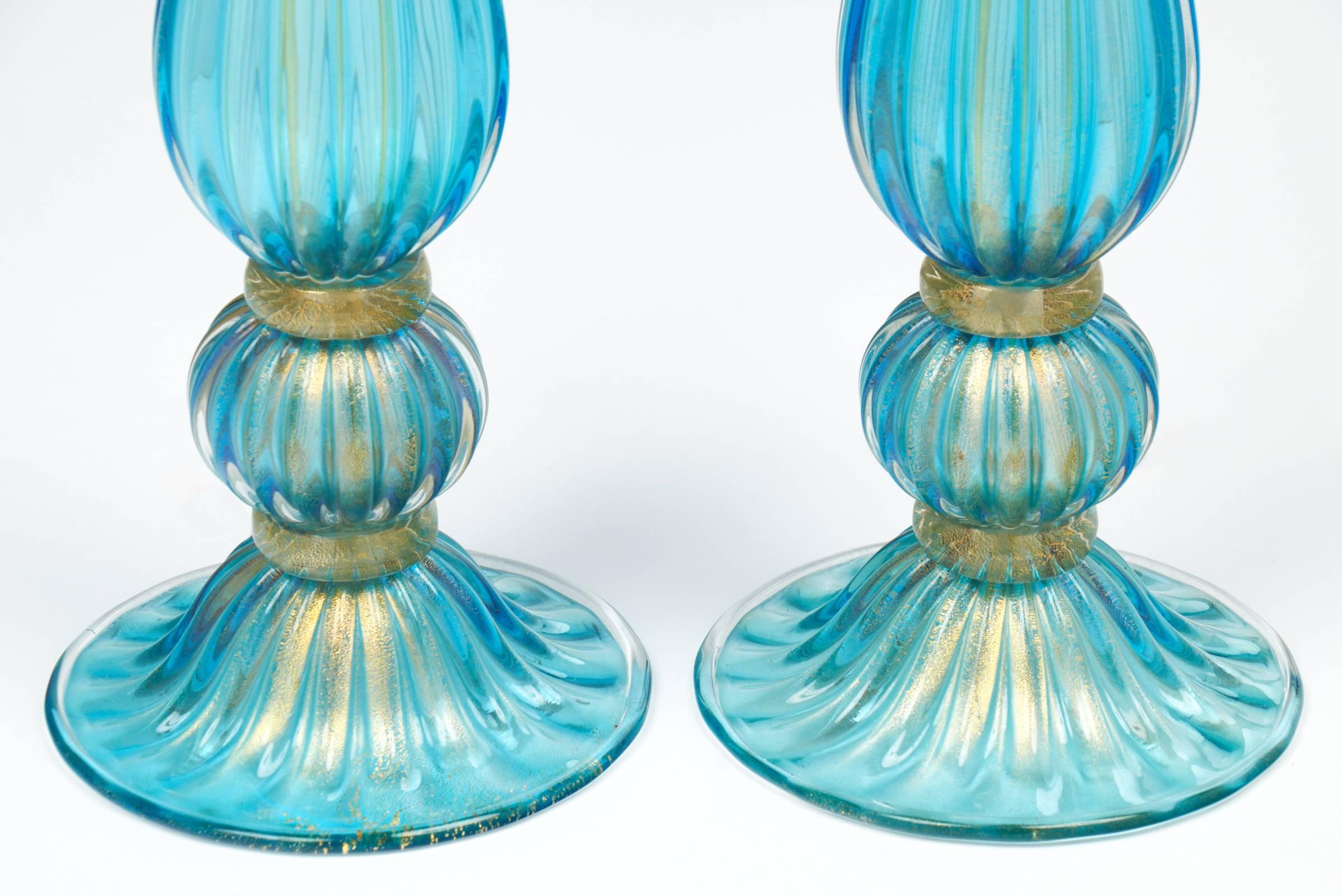 Pair of Gold-Flecked Turquoise Murano Glass Lamps 1