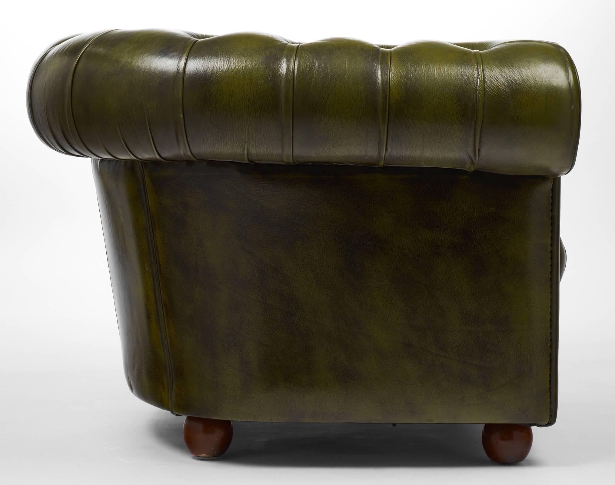 English Vintage Green Leather Chesterfield Club Chair