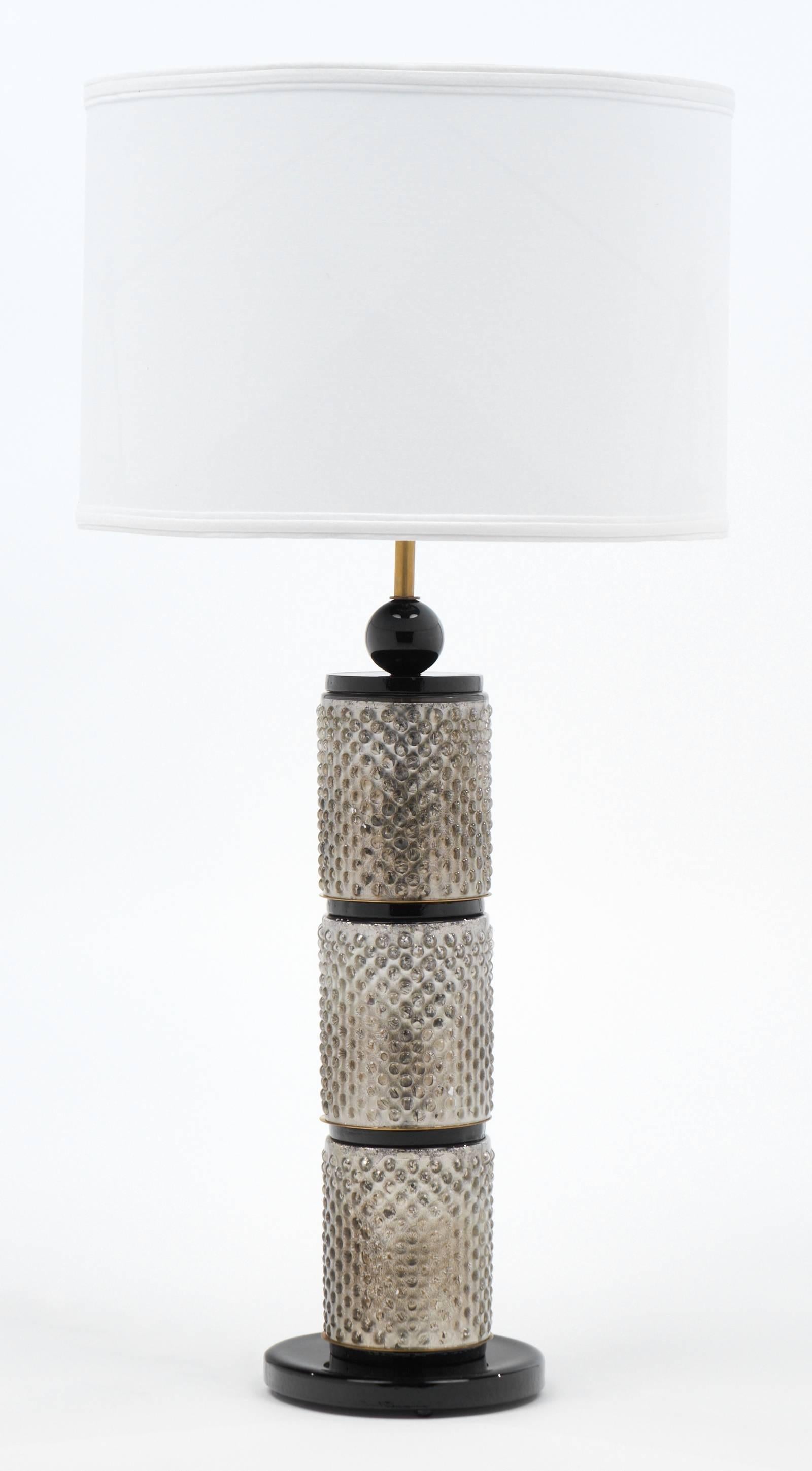 Mid-Century Modern Paire de lampes de table de Murano en feuilles d'argent et verre noir en vente
