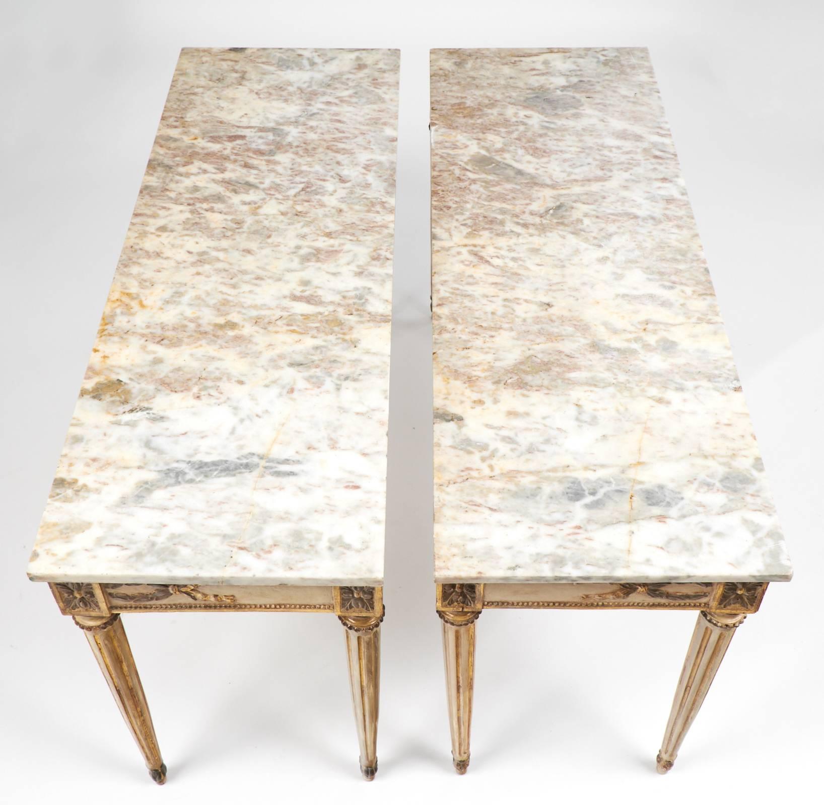 Antique Pair of Italian Marble-Top Console Tables In Excellent Condition In Austin, TX