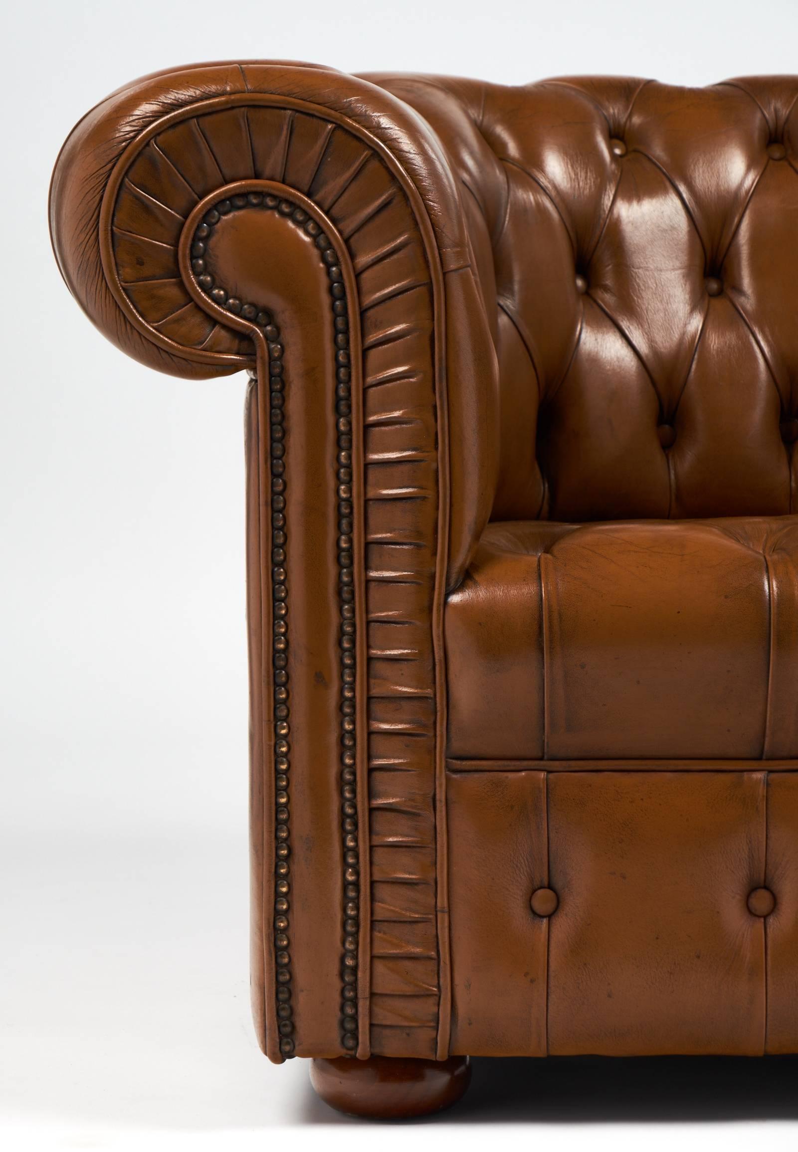 20th Century Pair of Vintage Cognac Leather Chesterfield Club Chairs