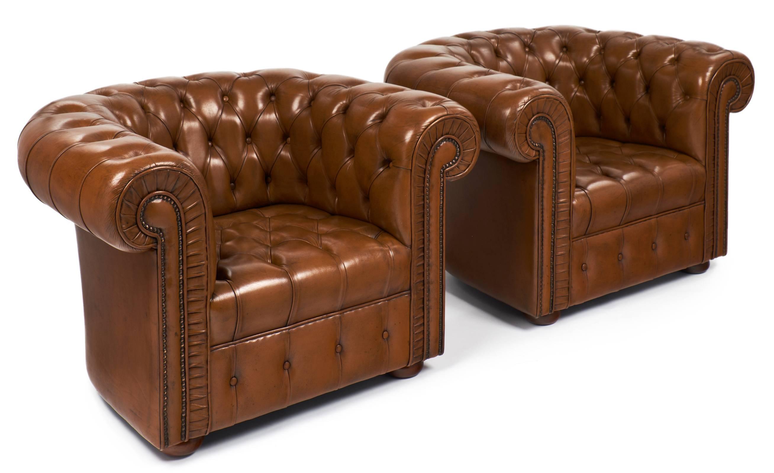 Mid-Century Modern Pair of Vintage Cognac Leather Chesterfield Club Chairs