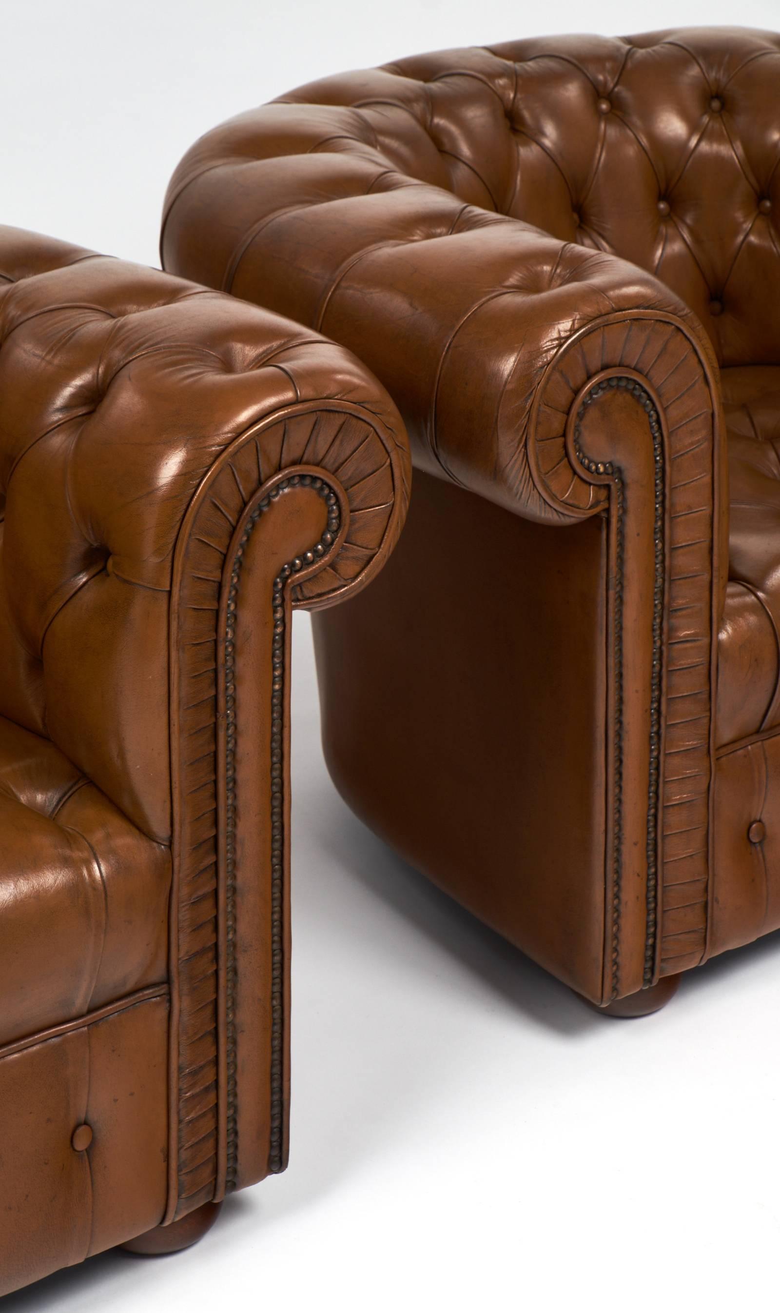 Wood Pair of Vintage Cognac Leather Chesterfield Club Chairs