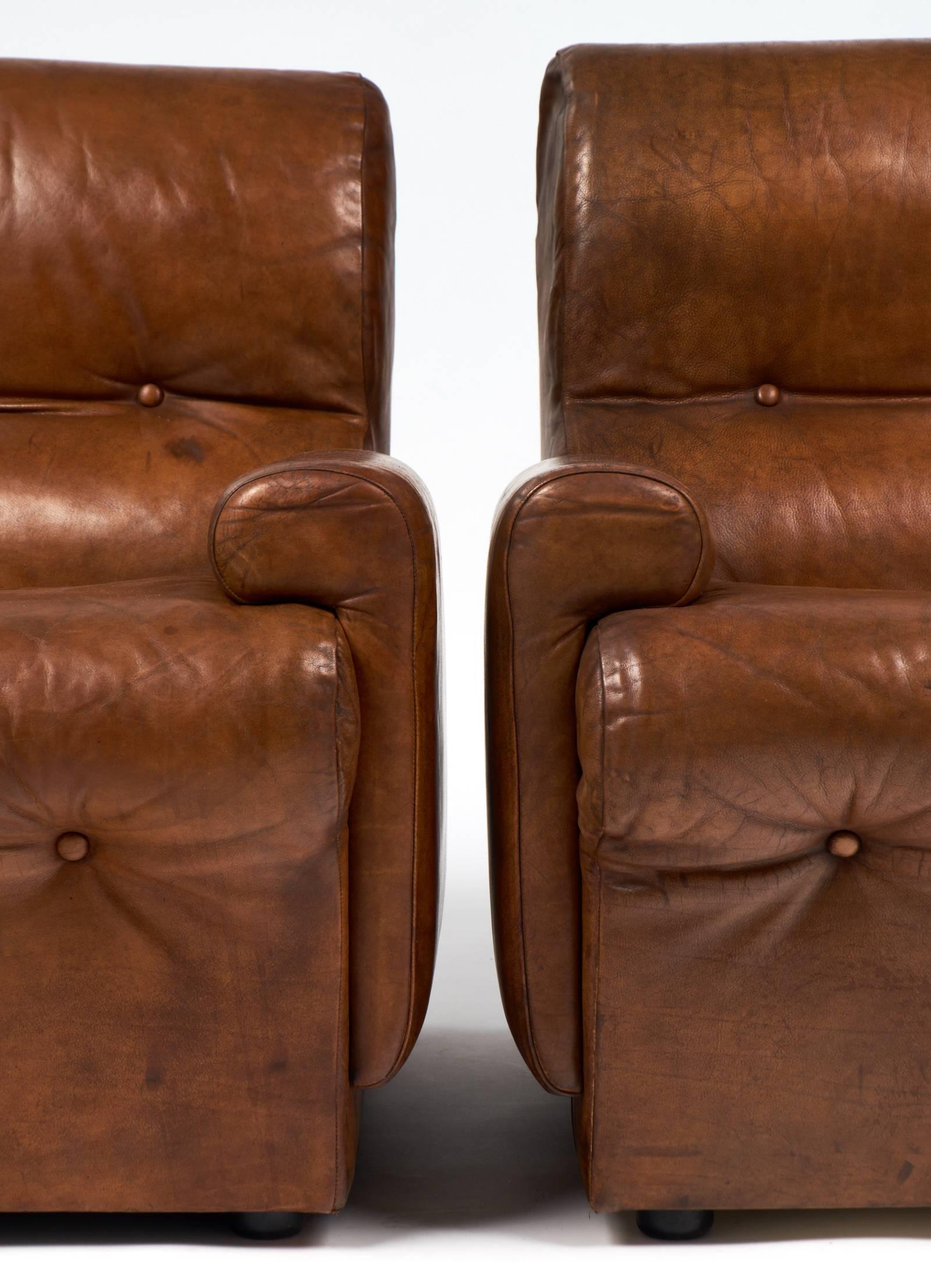 Vintage Mid-Century Cognac Leather Armchairs In Good Condition In Austin, TX