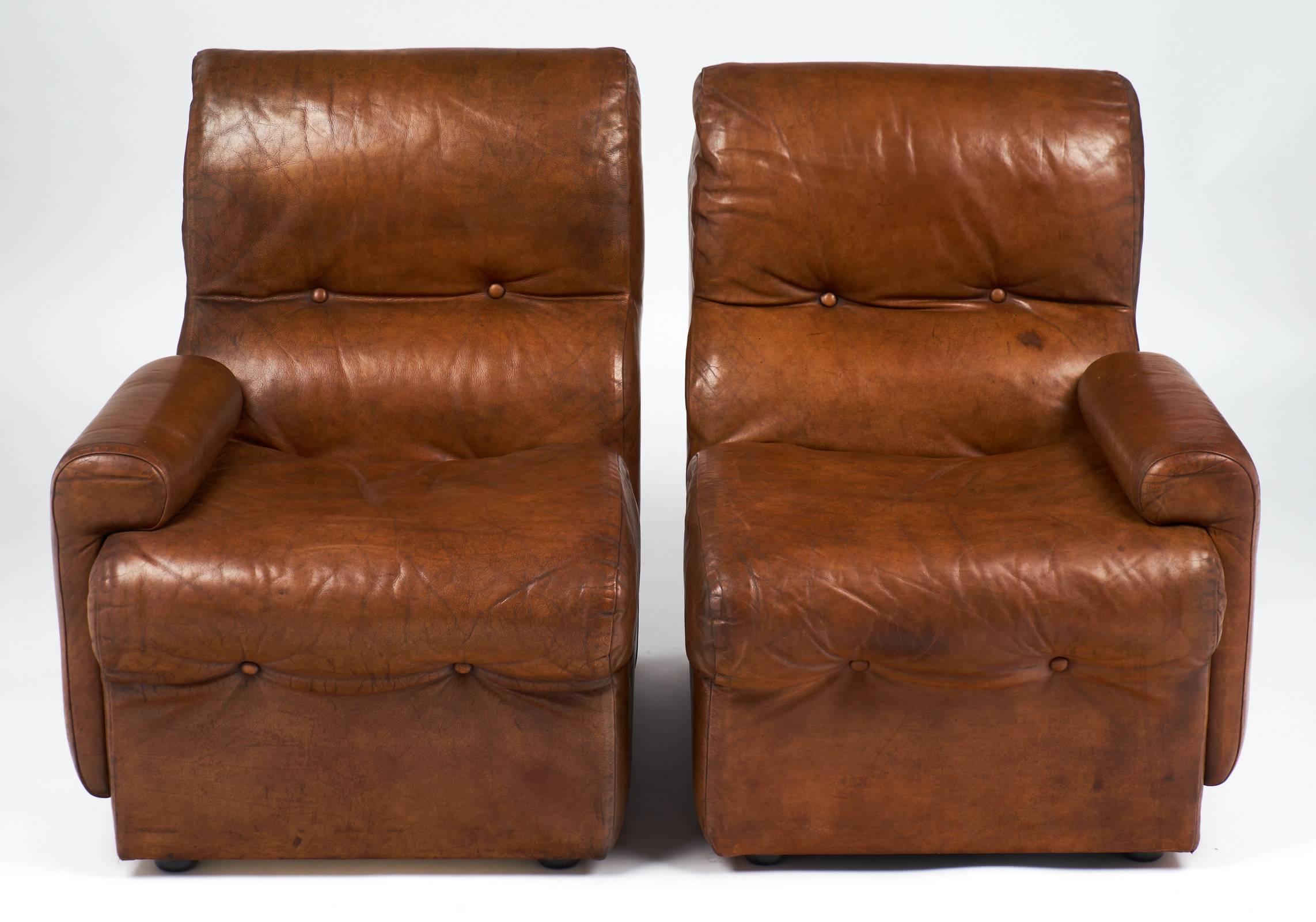 French Vintage Mid-Century Cognac Leather Armchairs