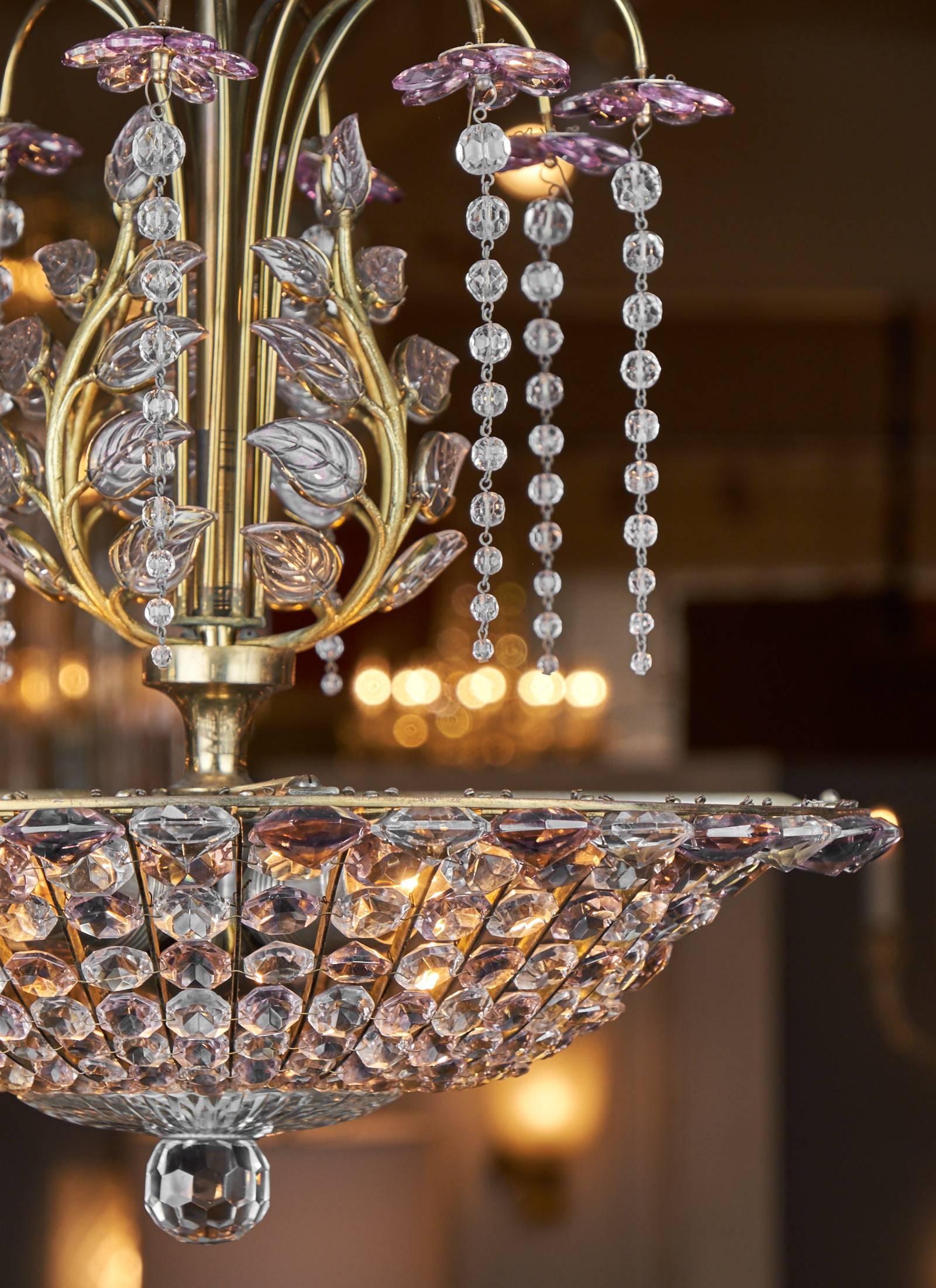 Brass French Crystal Chandelier Attributed to Maison Baguès