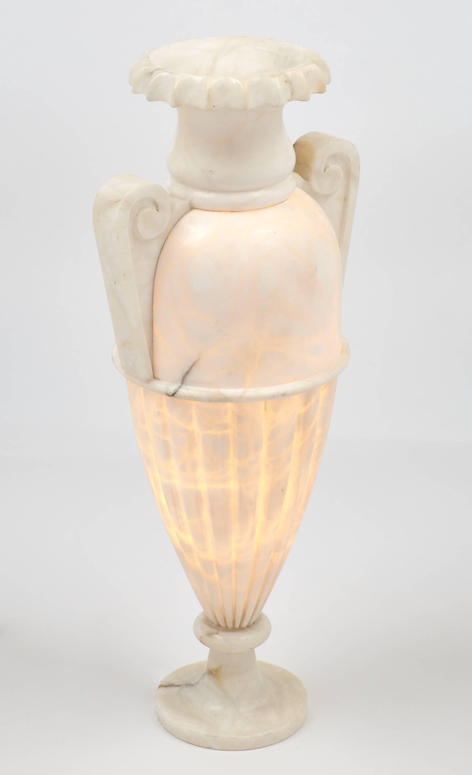 French Antique Art Deco Urn Lamp of Carved Alabaster 1