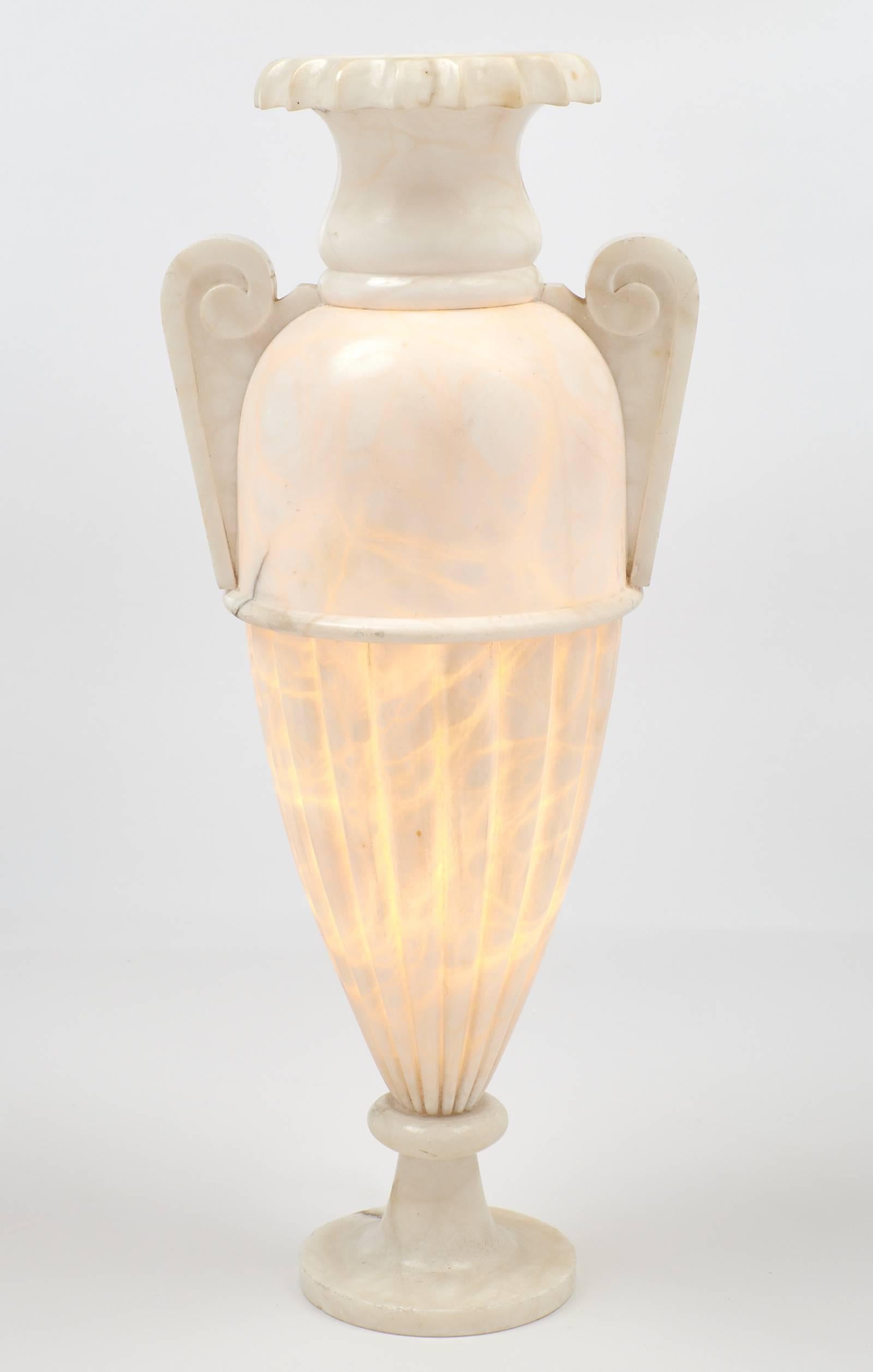 Mid-20th Century French Antique Art Deco Urn Lamp of Carved Alabaster