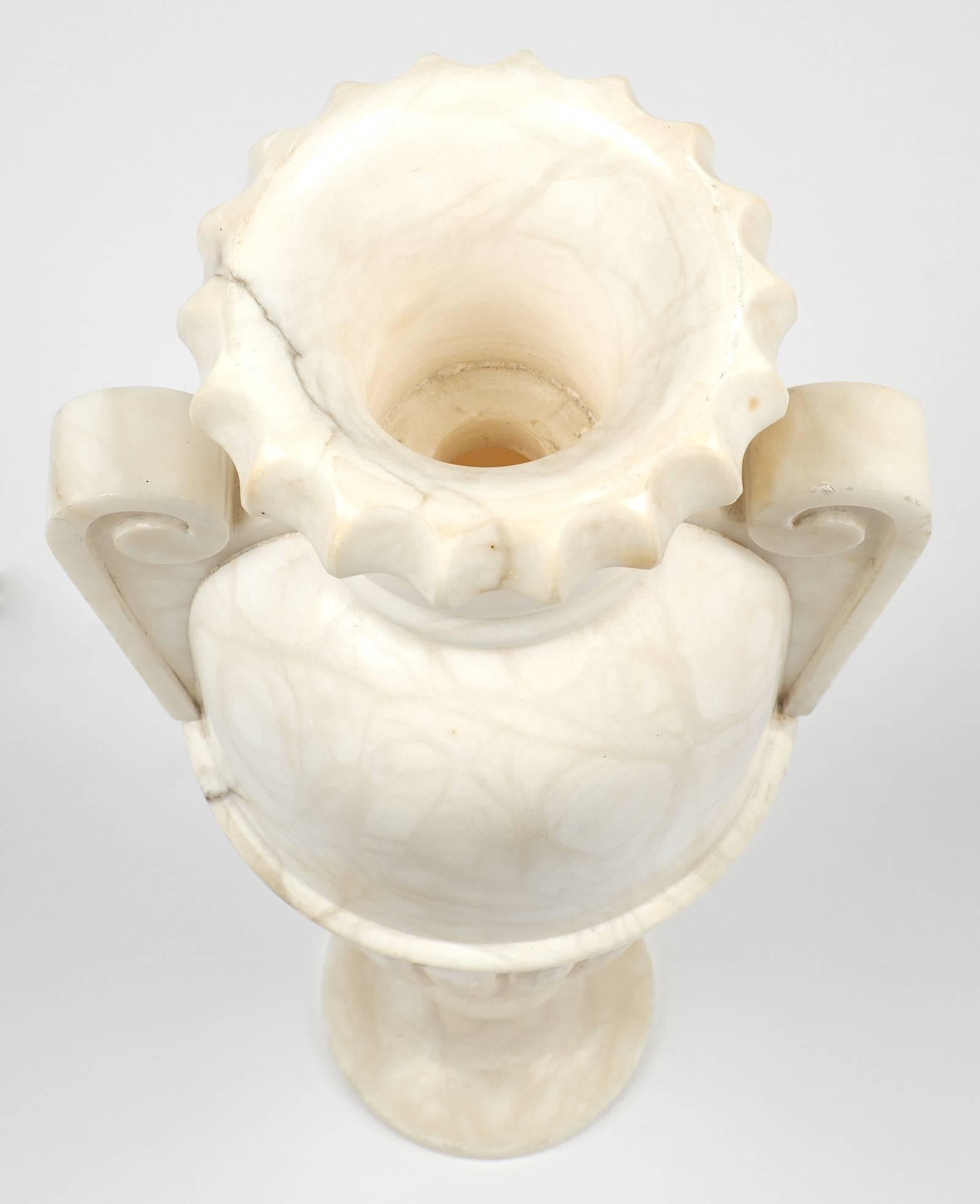 French Antique Art Deco Urn Lamp of Carved Alabaster In Excellent Condition In Austin, TX