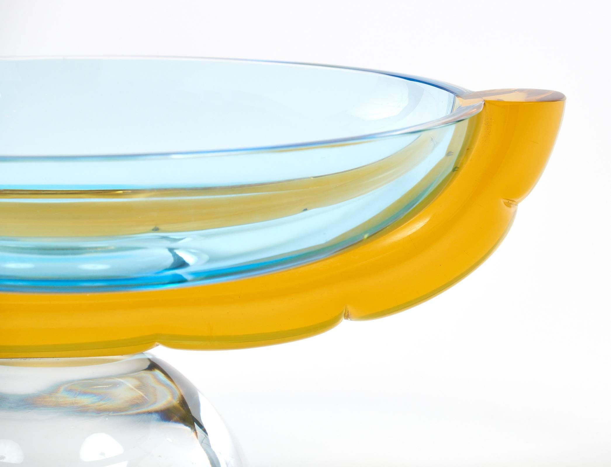 Late 20th Century Art Deco Blue and Amber Murano Glass Bowl