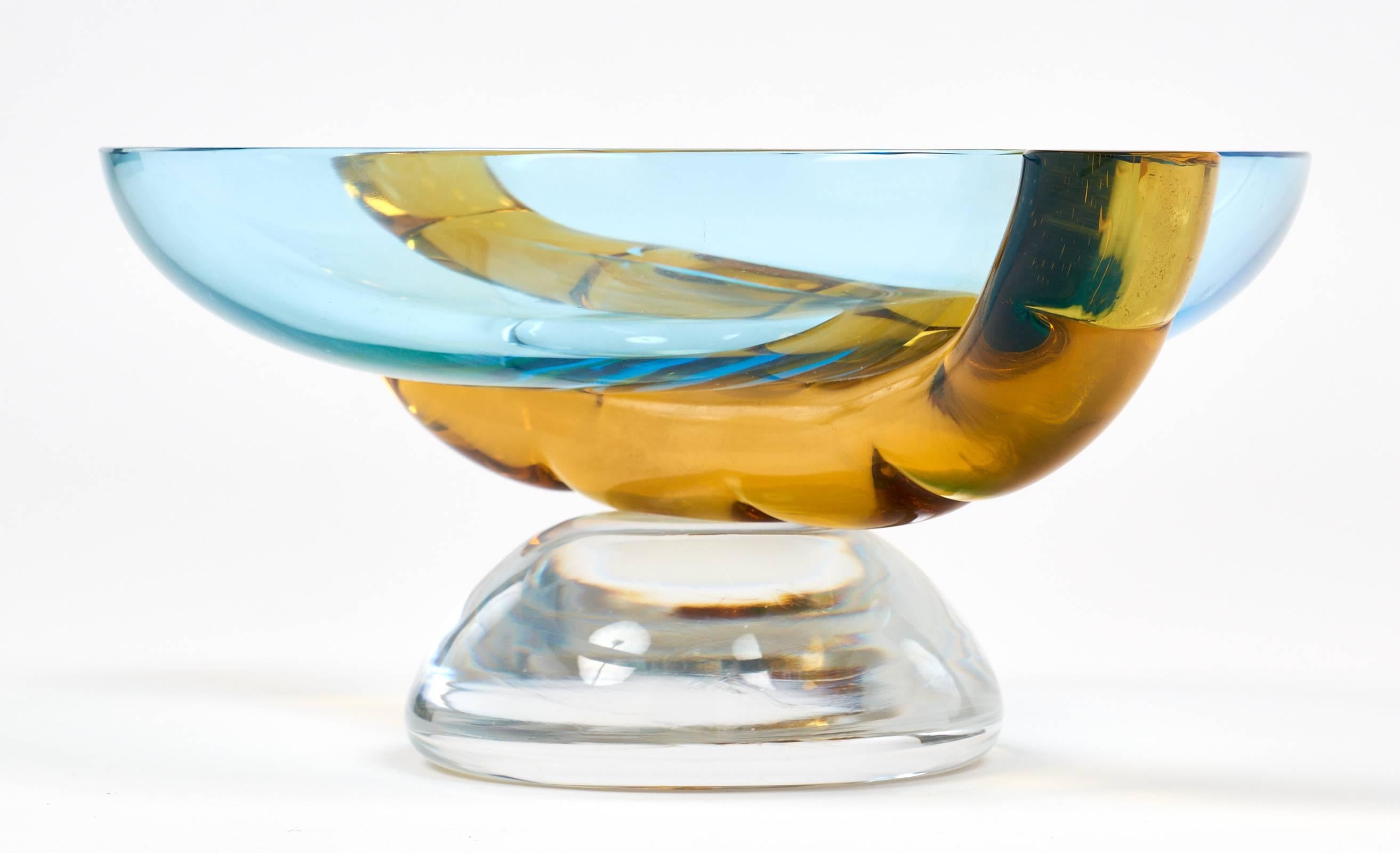 Modern Art Deco Blue and Amber Murano Glass Bowl