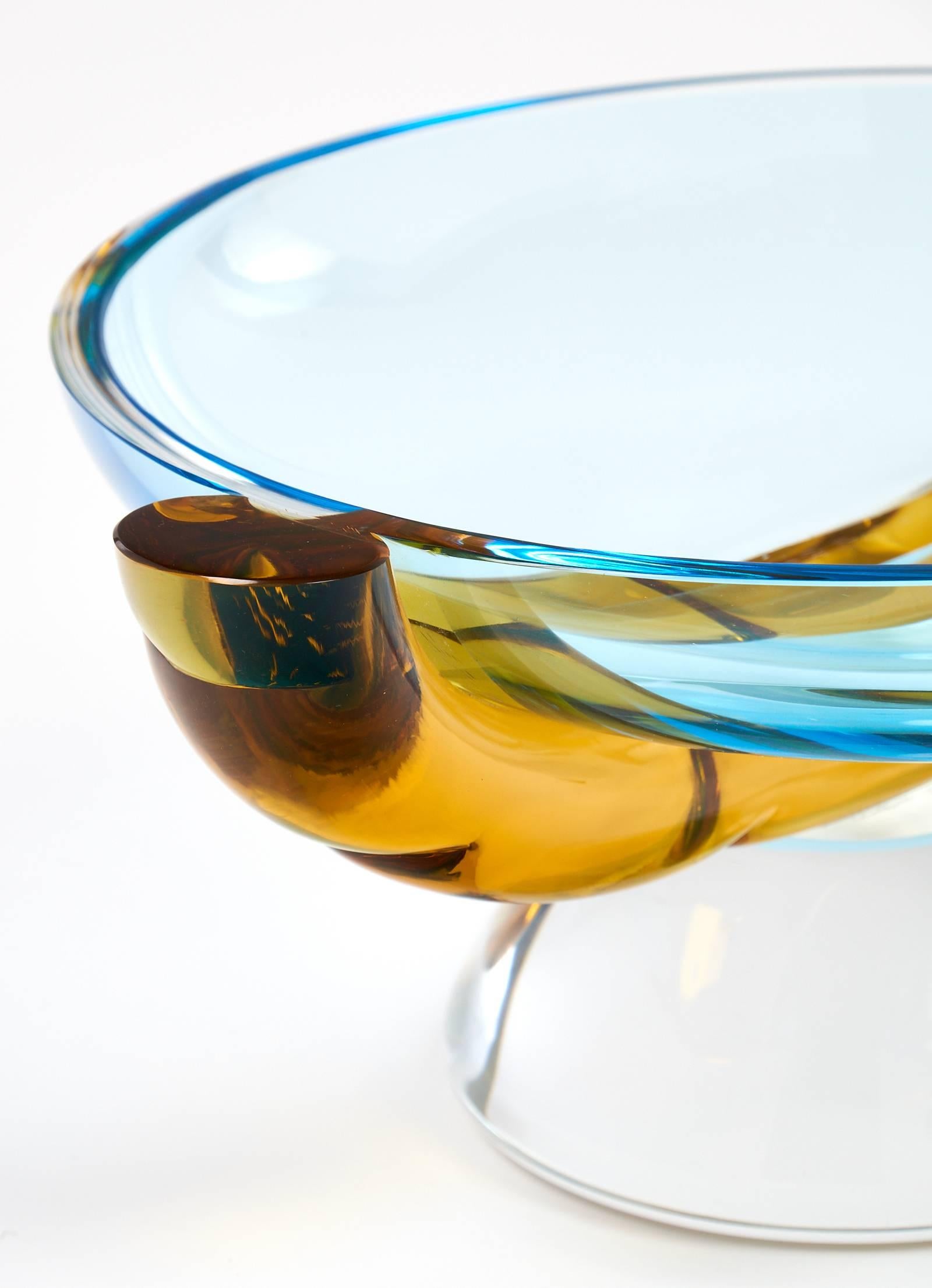 Italian Art Deco Blue and Amber Murano Glass Bowl