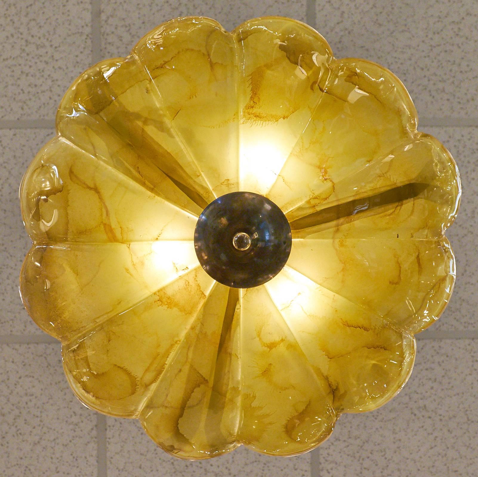 Amber Murano Glass and Brass Pendant Chandelier 4