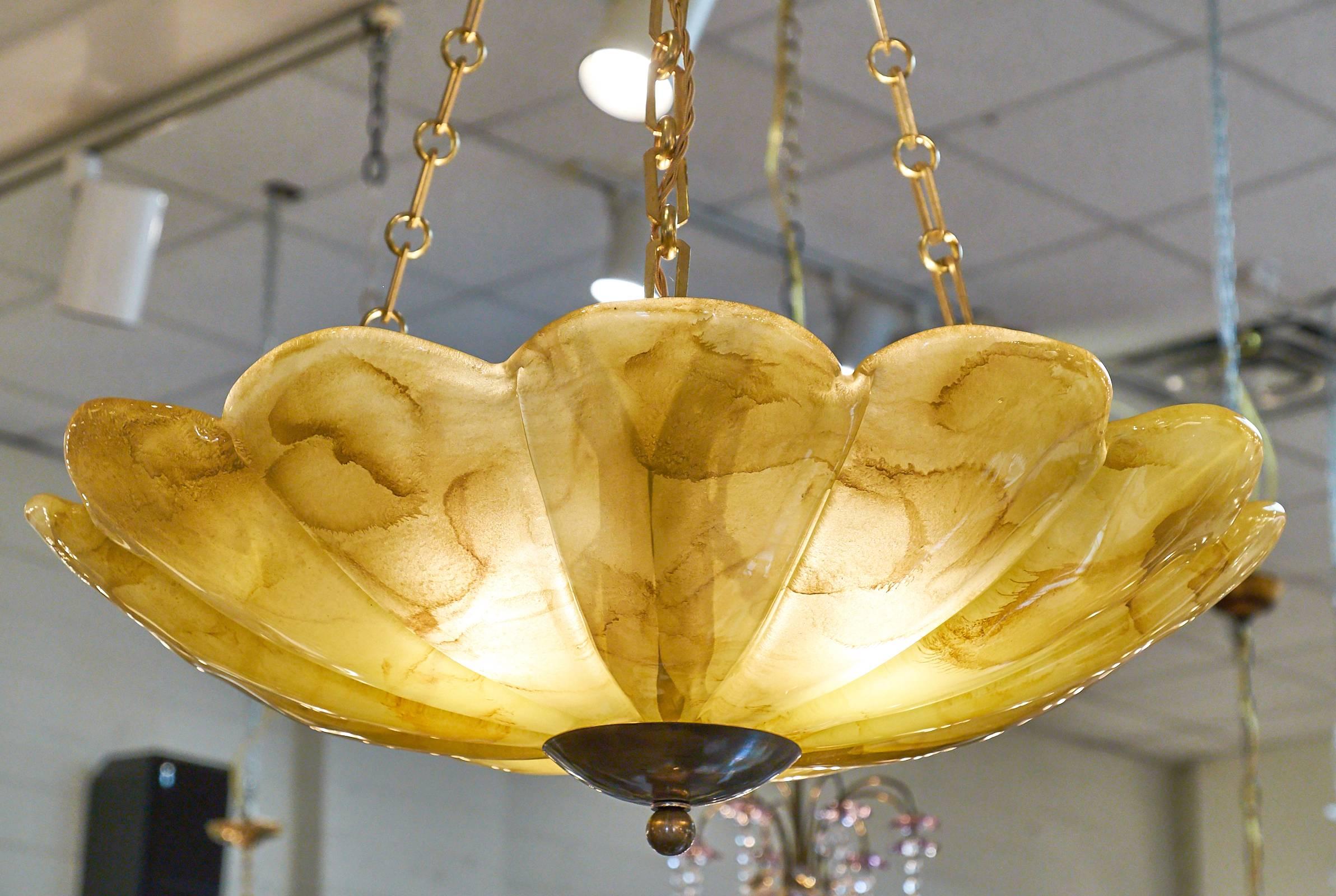 Amber Murano Glass and Brass Pendant Chandelier In Excellent Condition In Austin, TX