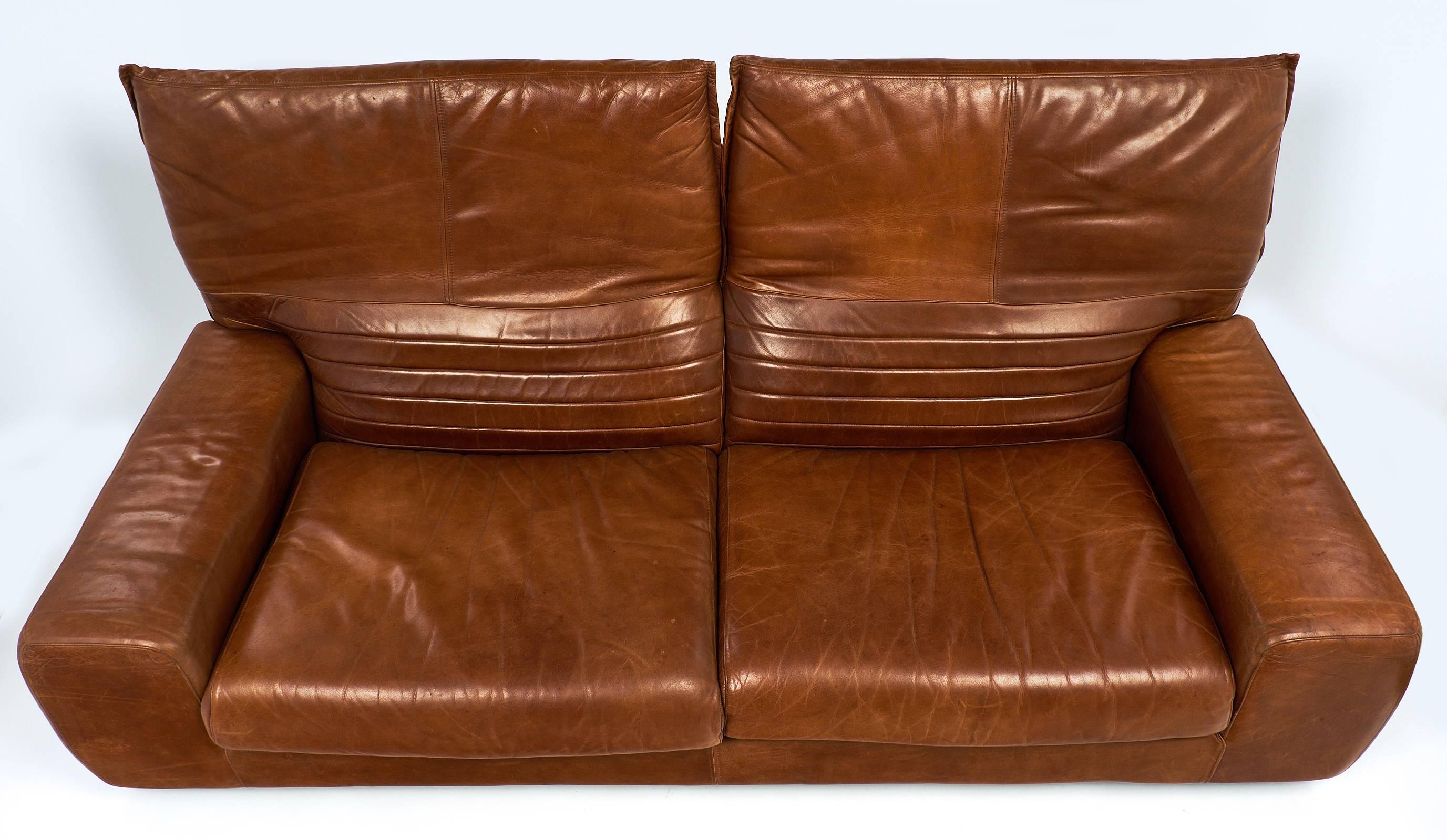 Mid-Century Modern Italian Leather Vintage Sofa with Foldable Back