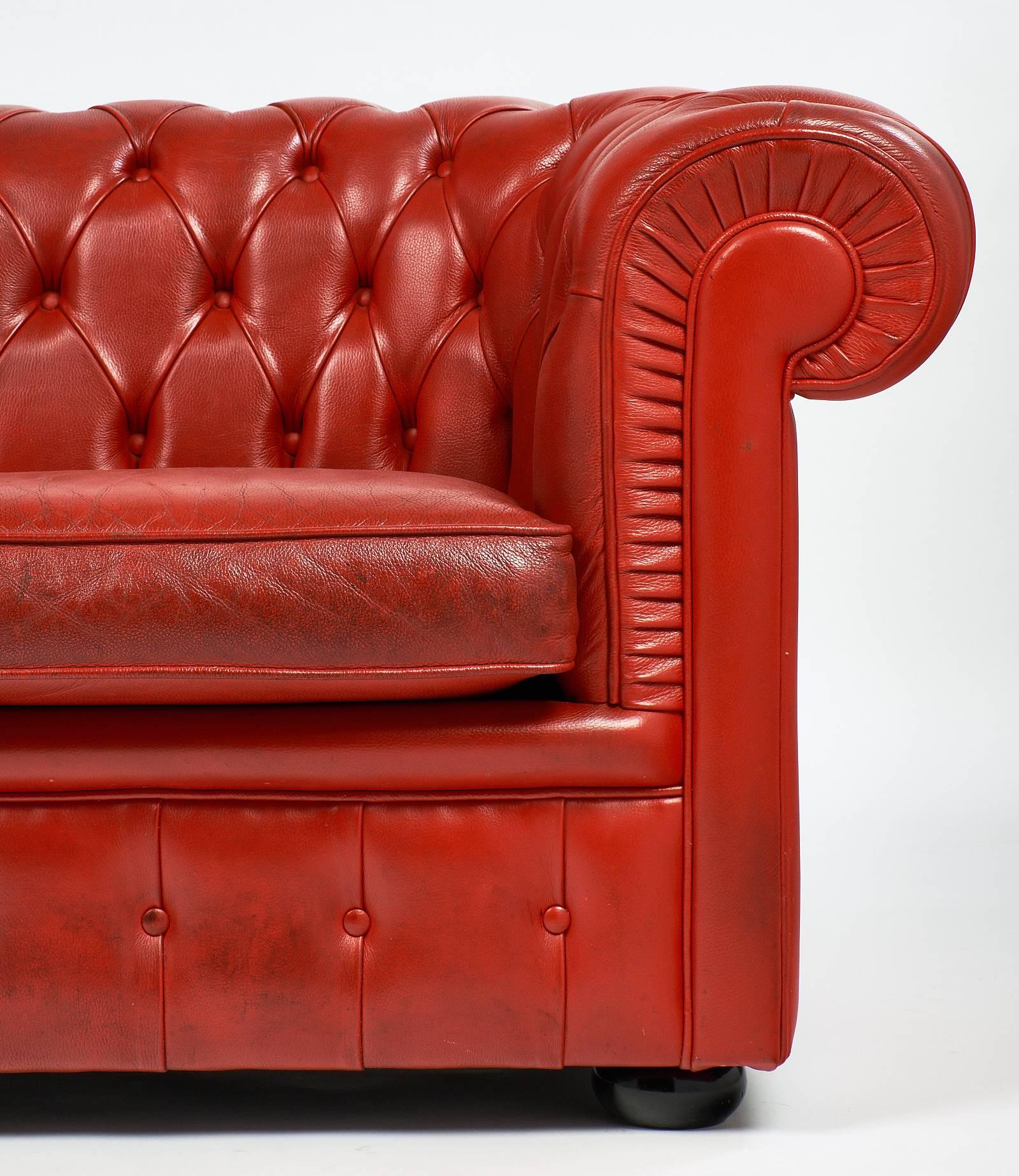 Mid-Century Modern Vintage English Red Leather Chesterfield Couch