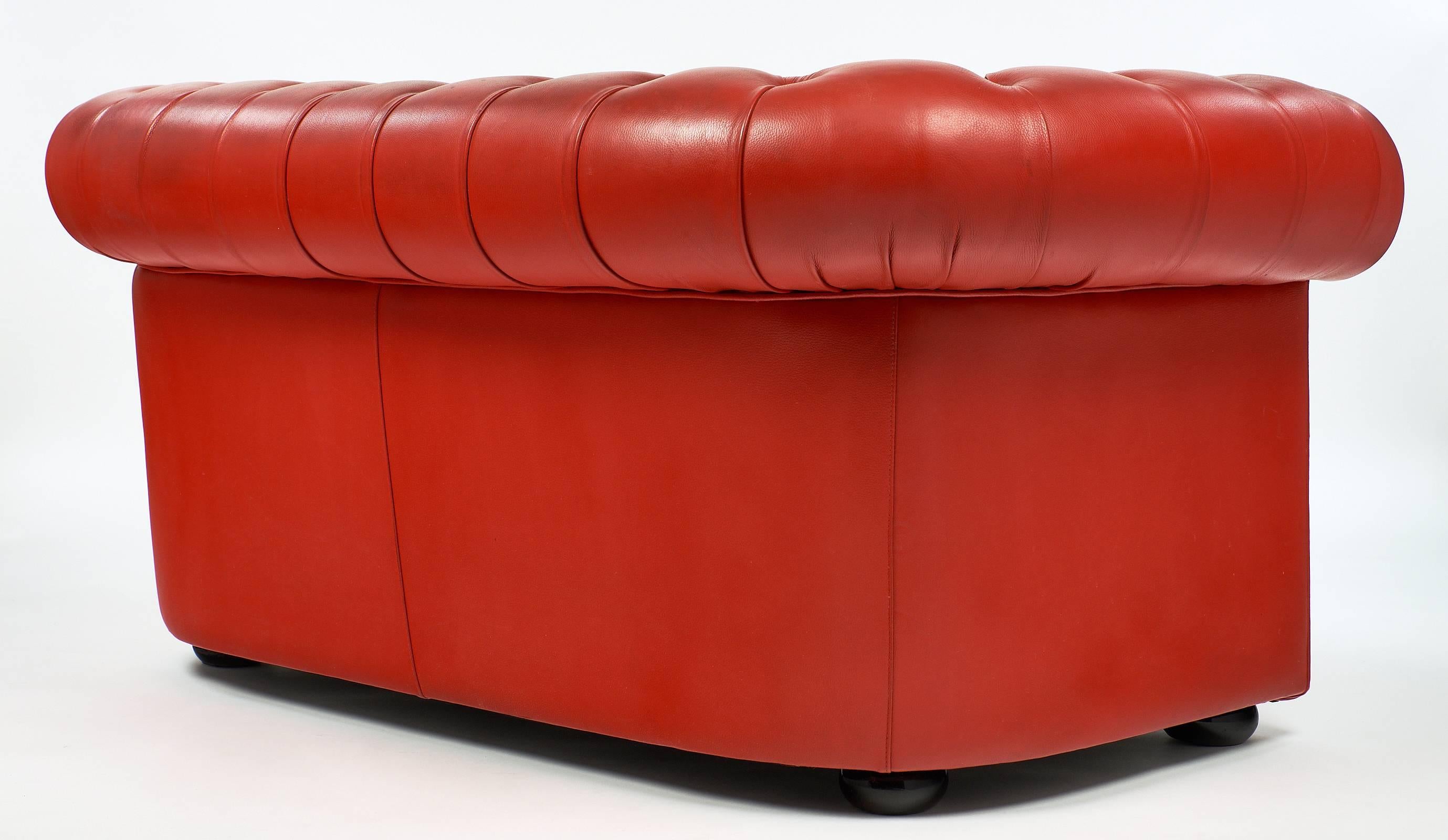 Mid-20th Century Vintage English Red Leather Chesterfield Couch