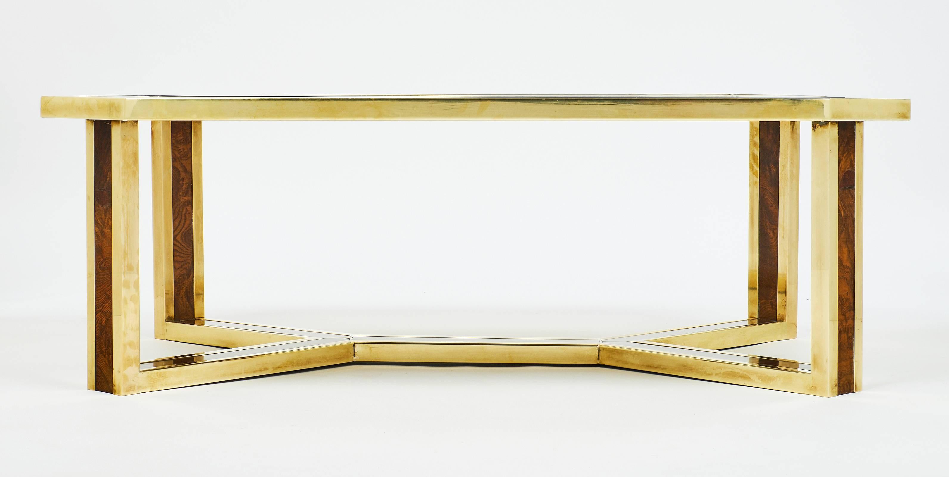 Maison Jansen Mid-Century Modern French Brass and Burled Ash Coffee Table 1
