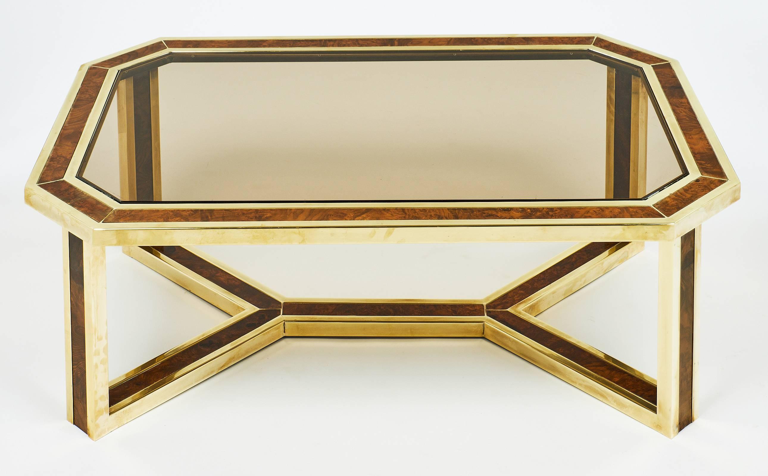 Maison Jansen Mid-Century Modern French Brass and Burled Ash Coffee Table In Excellent Condition In Austin, TX