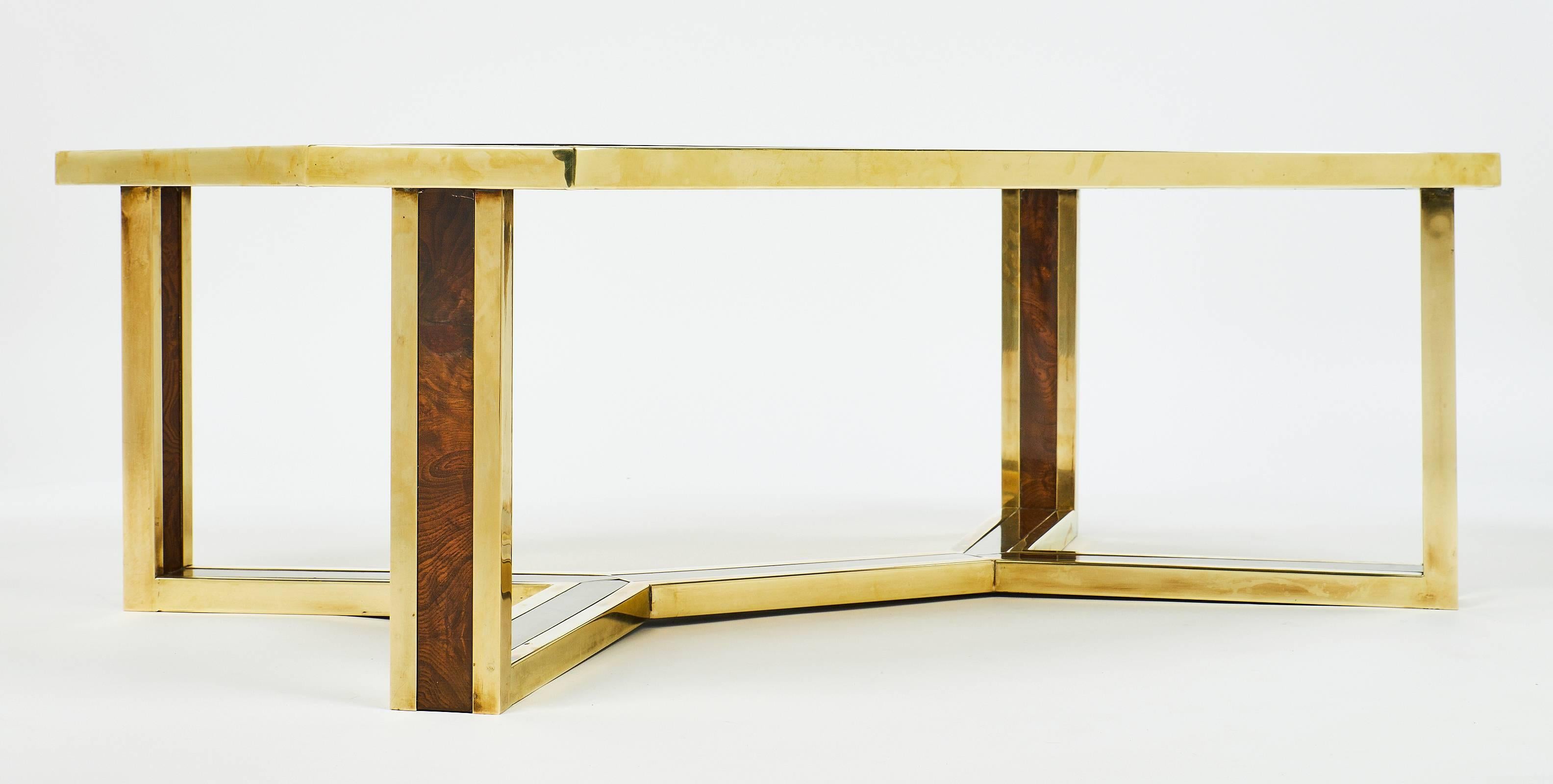 Late 20th Century Maison Jansen Mid-Century Modern French Brass and Burled Ash Coffee Table