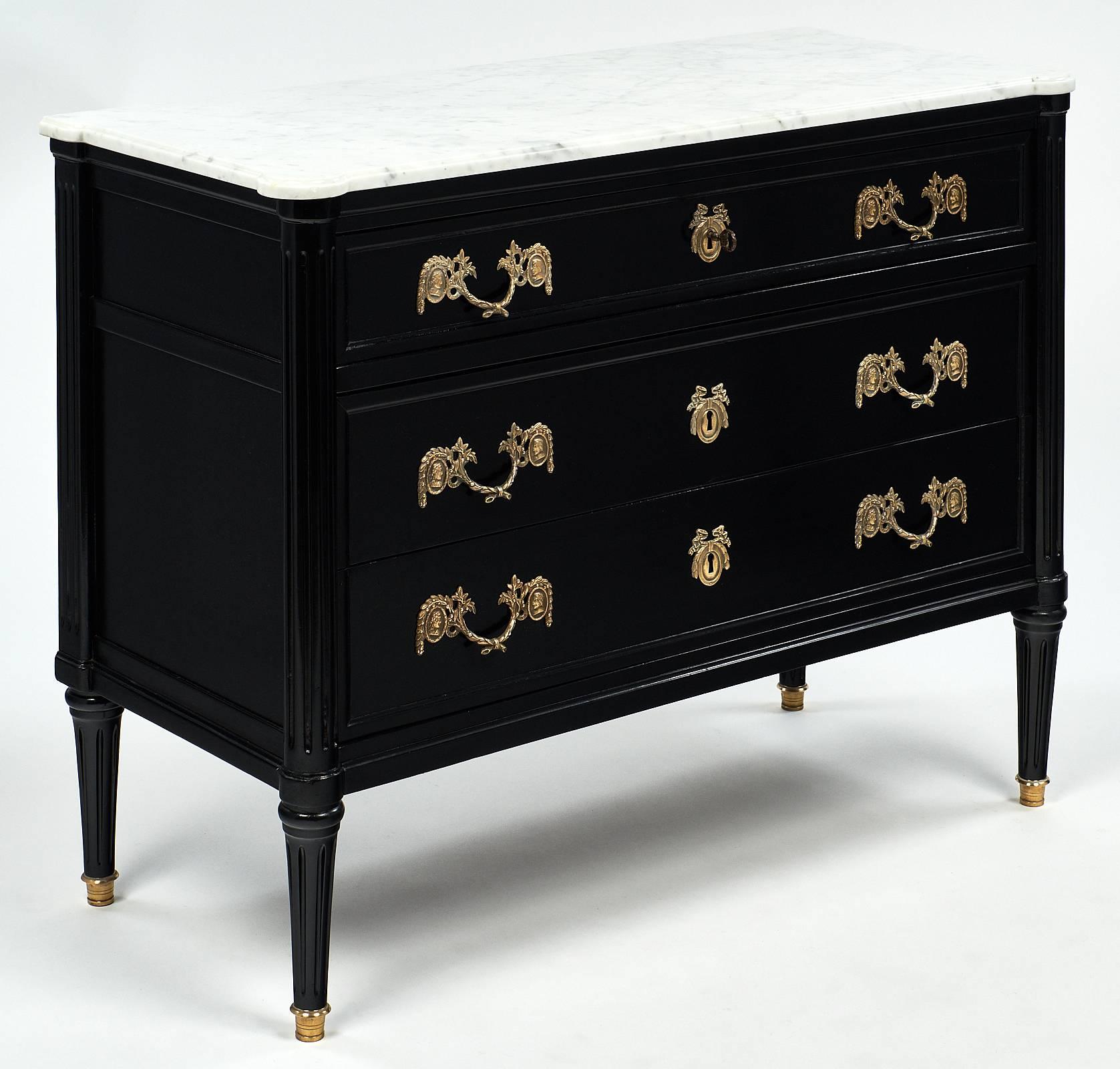 Ebonized French Antique Louis XVI Style Chest with Marble Top